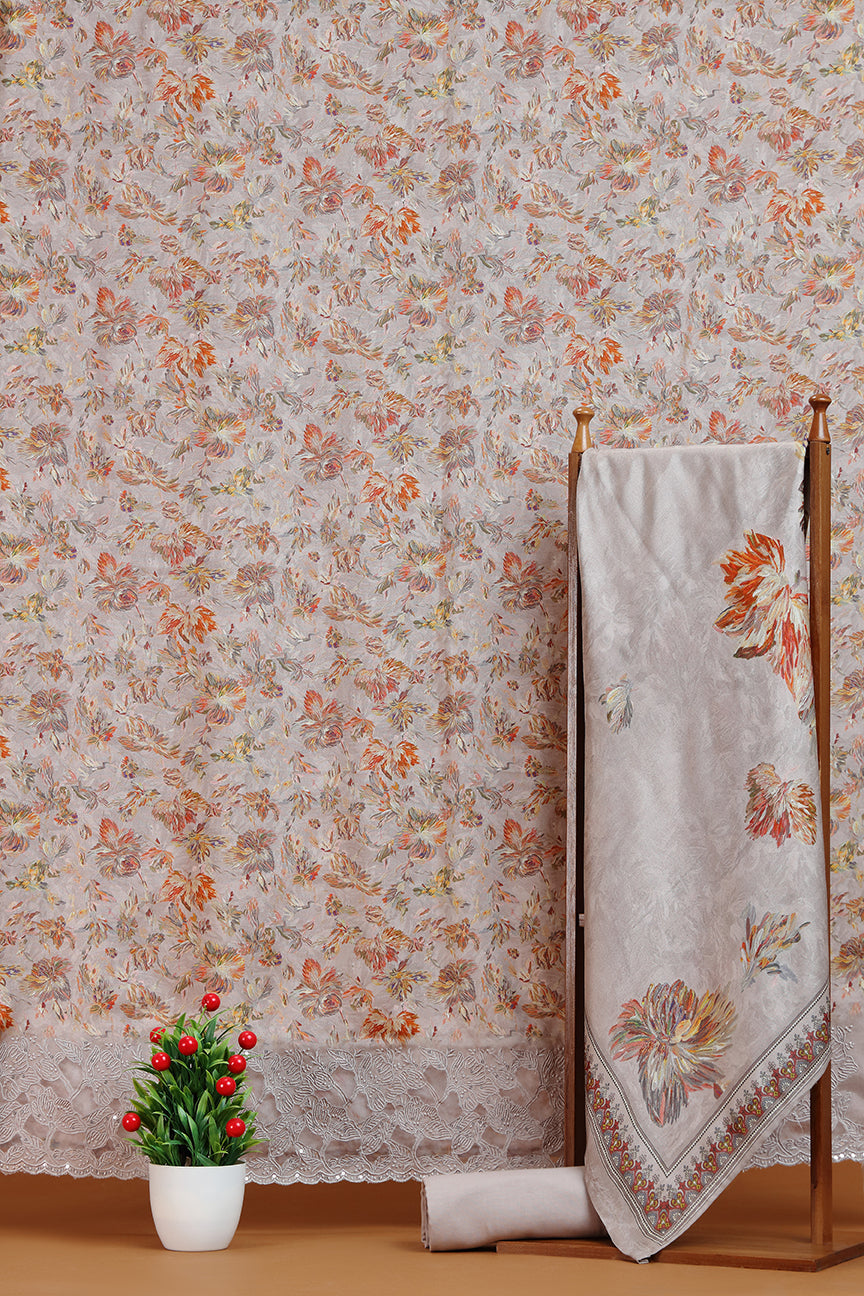 Grey Floral Printed Dupatta with Lace Border