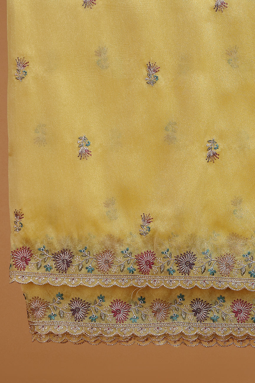 Mustard Floral Embroidered Kurta with Front Panel Detailing