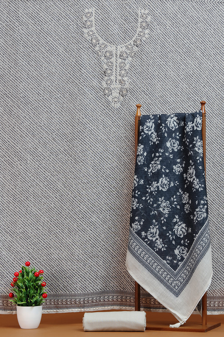 Grey Kurta with White Embroidered Neckline