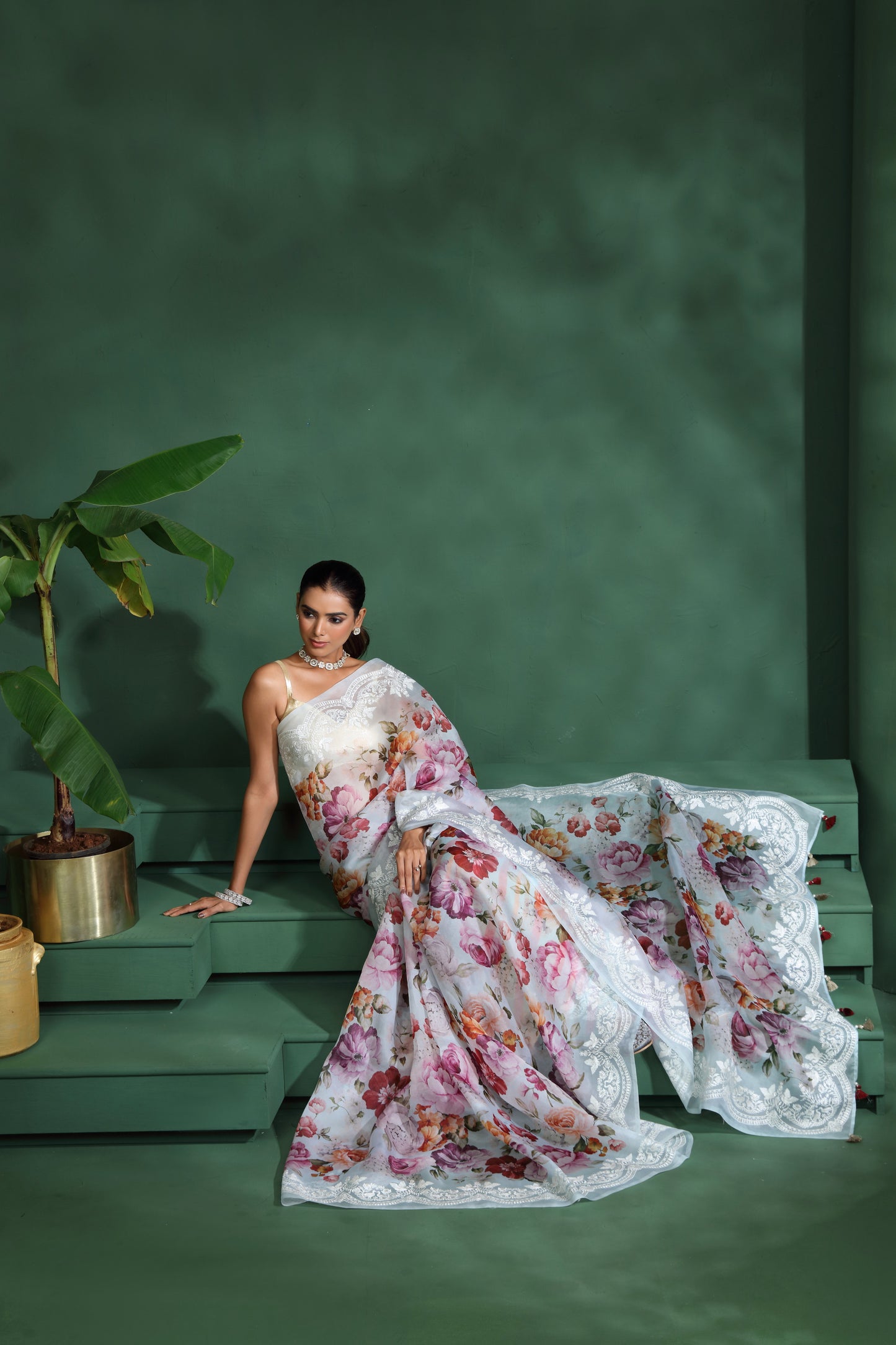 Light Blue Organza Saree with Unstitched Blouse