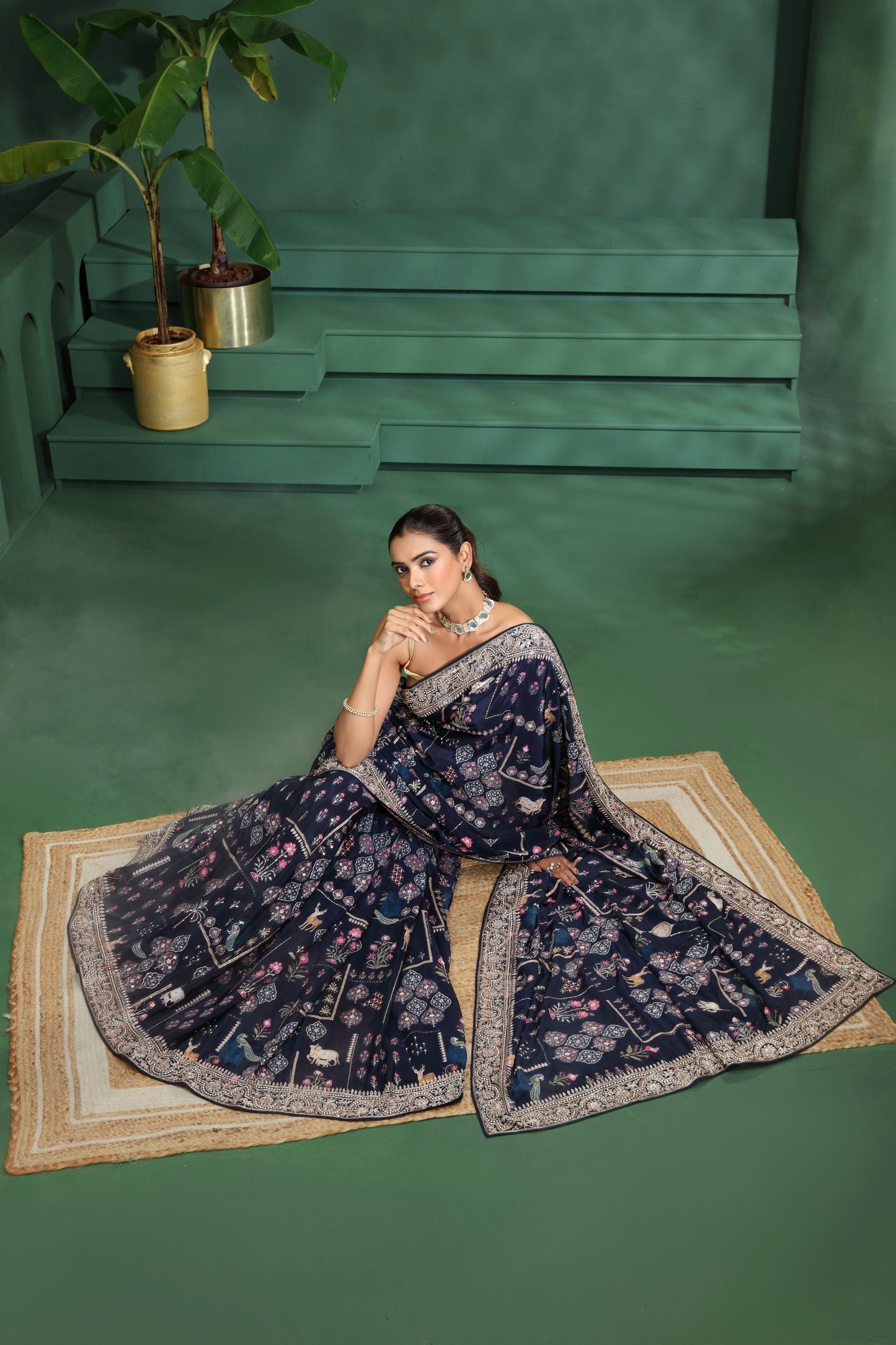 Navy Blue Crepe Saree with Unstitched Blouse