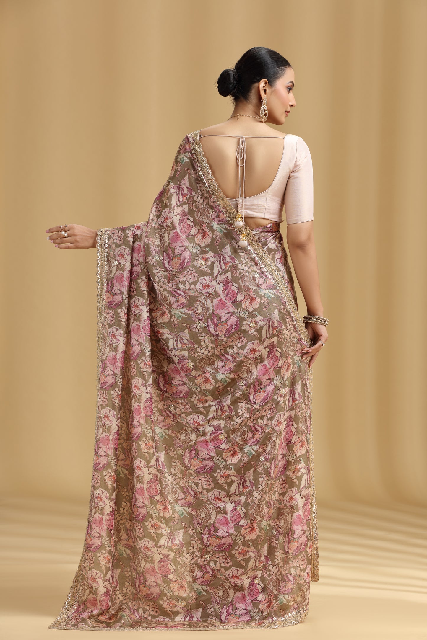 Mouse Grey Tissue Saree with Aari, Mirror, Moti & Cutdana Work (Unstitched)
