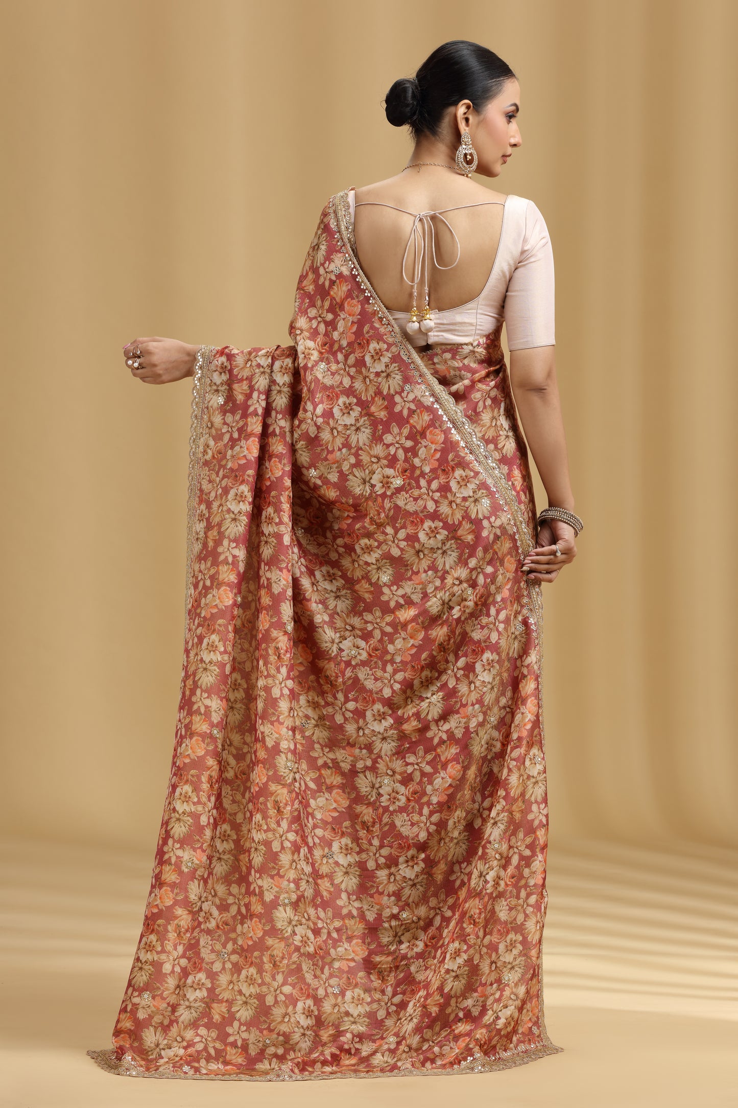 Carrot Pink Georgette Saree with Aari, Mirror, Moti & Cutdana Work (Unstitched)