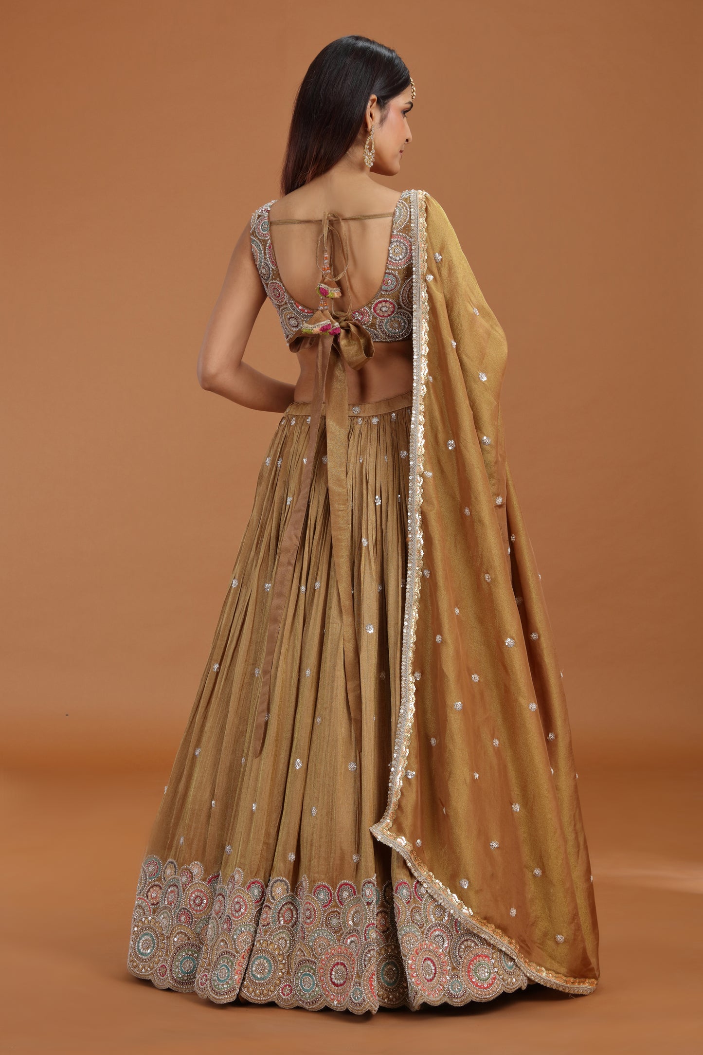 Dust Gold Tissue Lehenga Set with Aari, Sequins & Pearl Work
