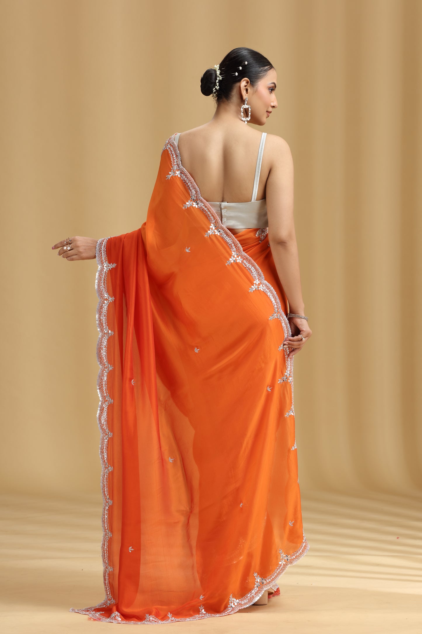 Orange Crepe Saree with Sequins, Cutdana, Stone & Tikki Work (Unstitched)