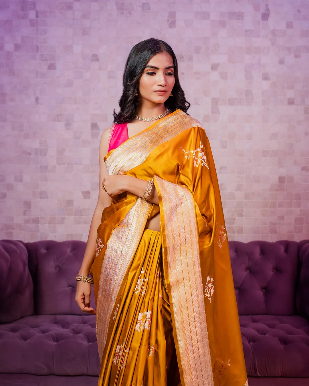 Mustard Banarasi Silk Saree with Floral Buti Weaving