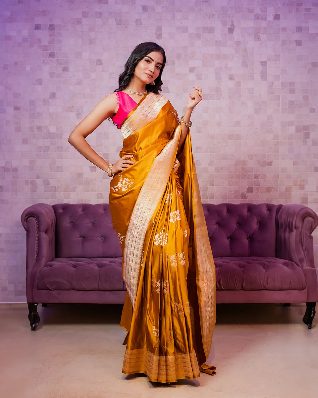 Mustard Banarasi Silk Saree with Floral Buti Weaving