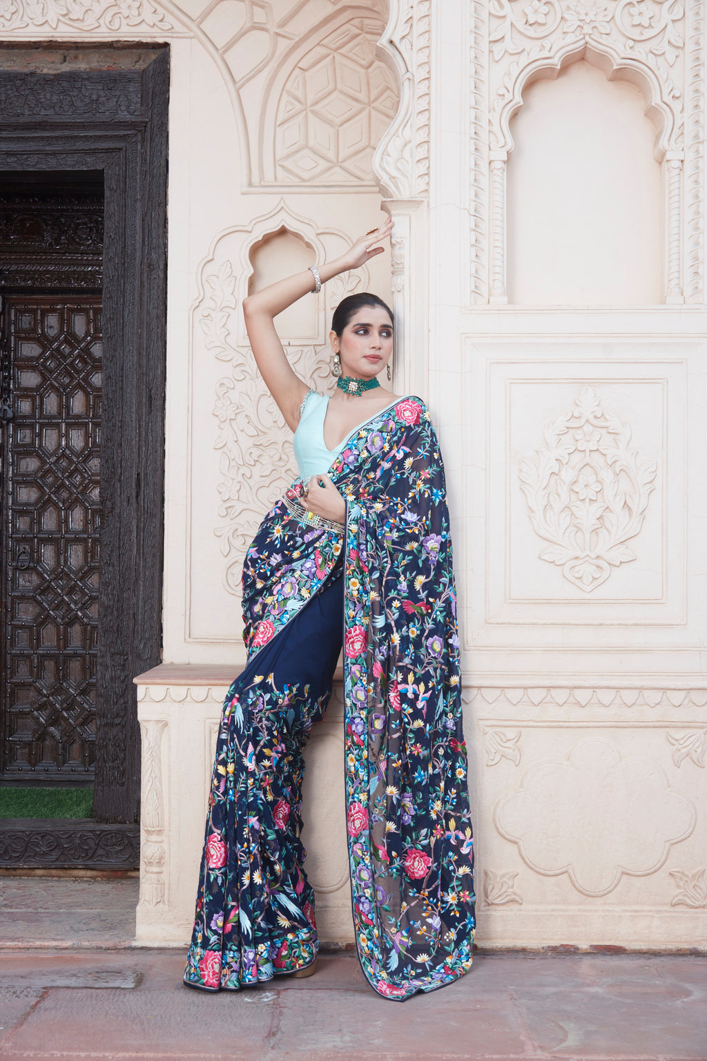 Dark Blue Georgette Saree with Vibrant Bird and Floral Resham Weaving