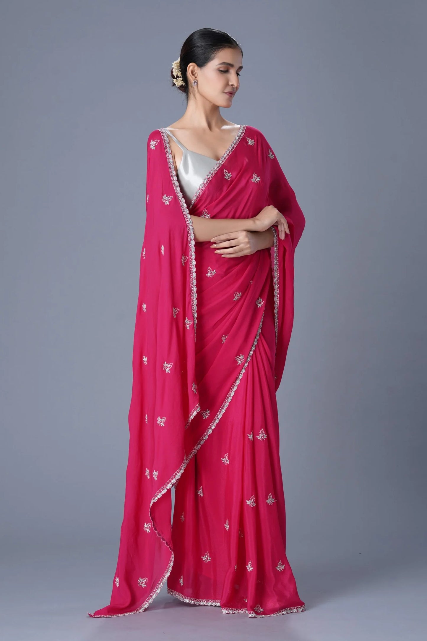 Red Chinnon Saree with Cutdana & Stone Embellishments