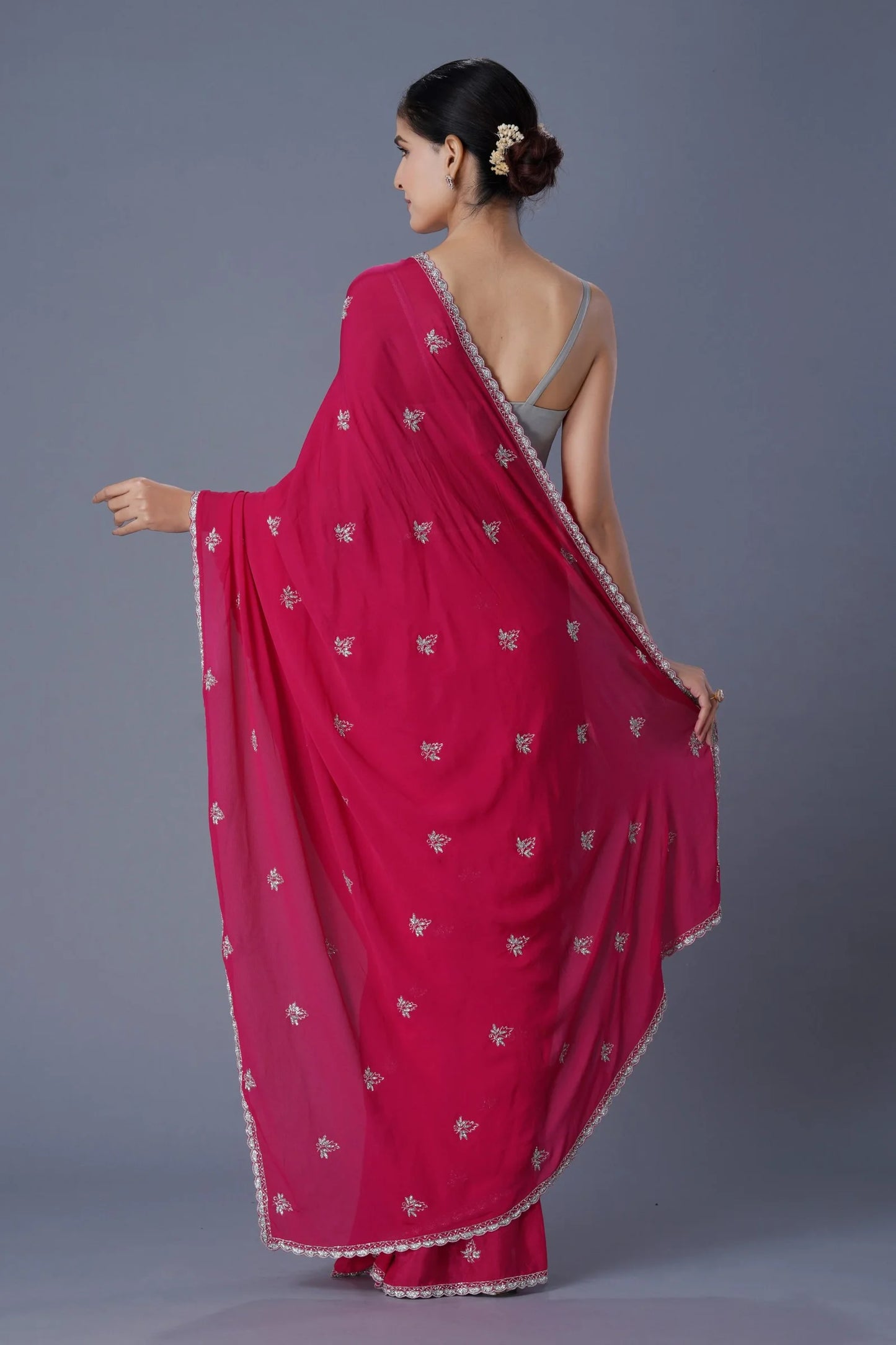 Red Chinnon Saree with Cutdana & Stone Embellishments