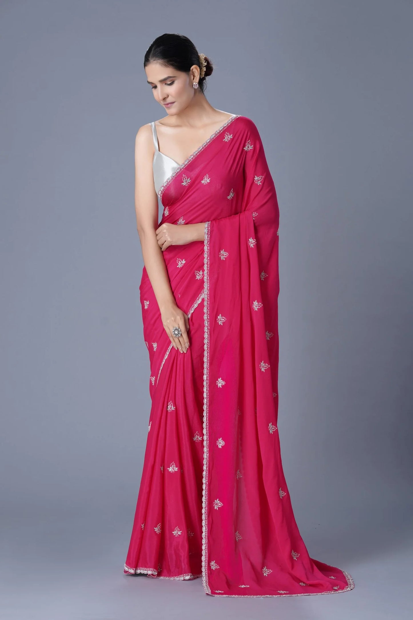 Red Chinnon Saree with Cutdana & Stone Embellishments