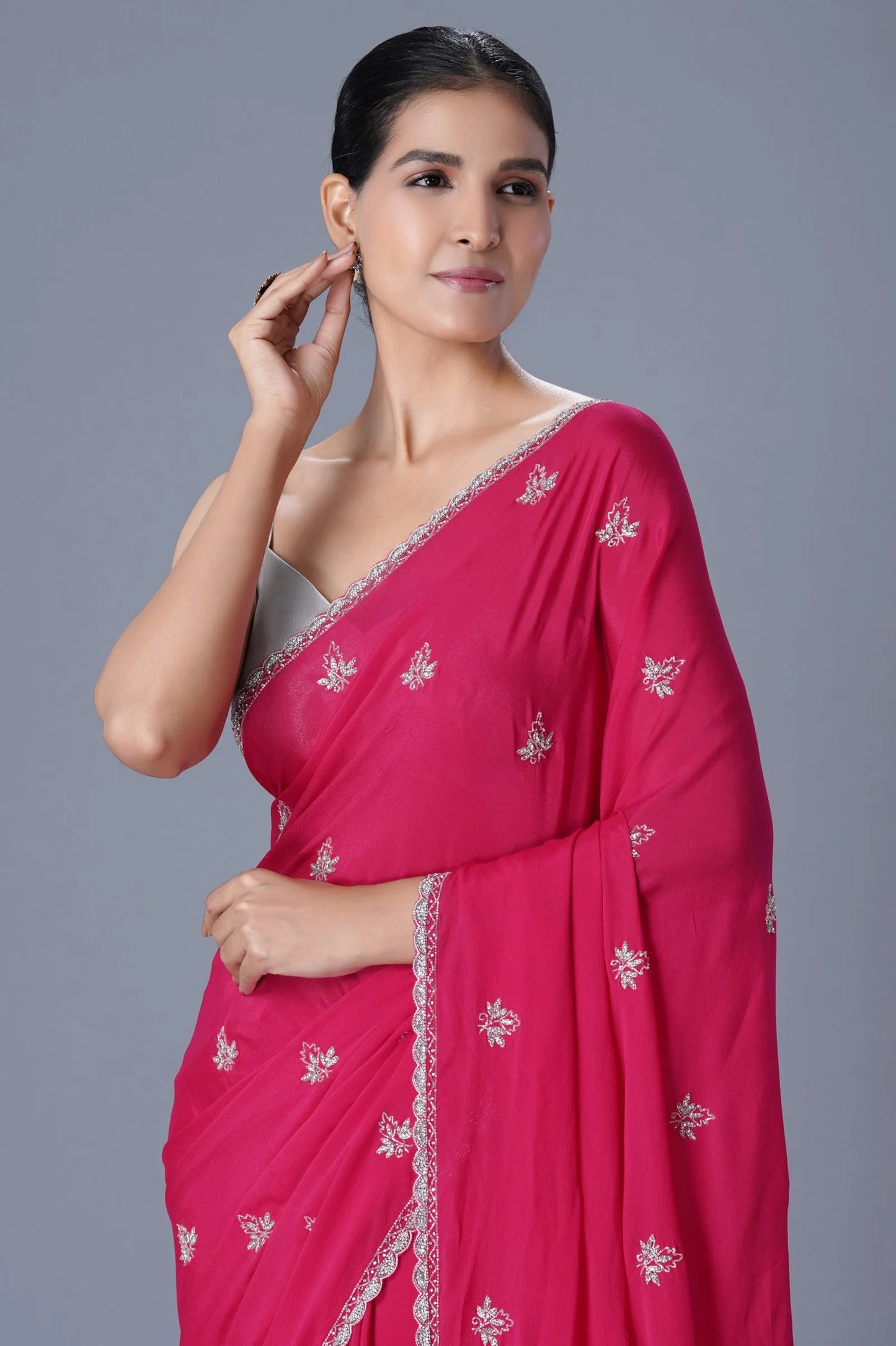 Red Chinnon Saree with Cutdana & Stone Embellishments