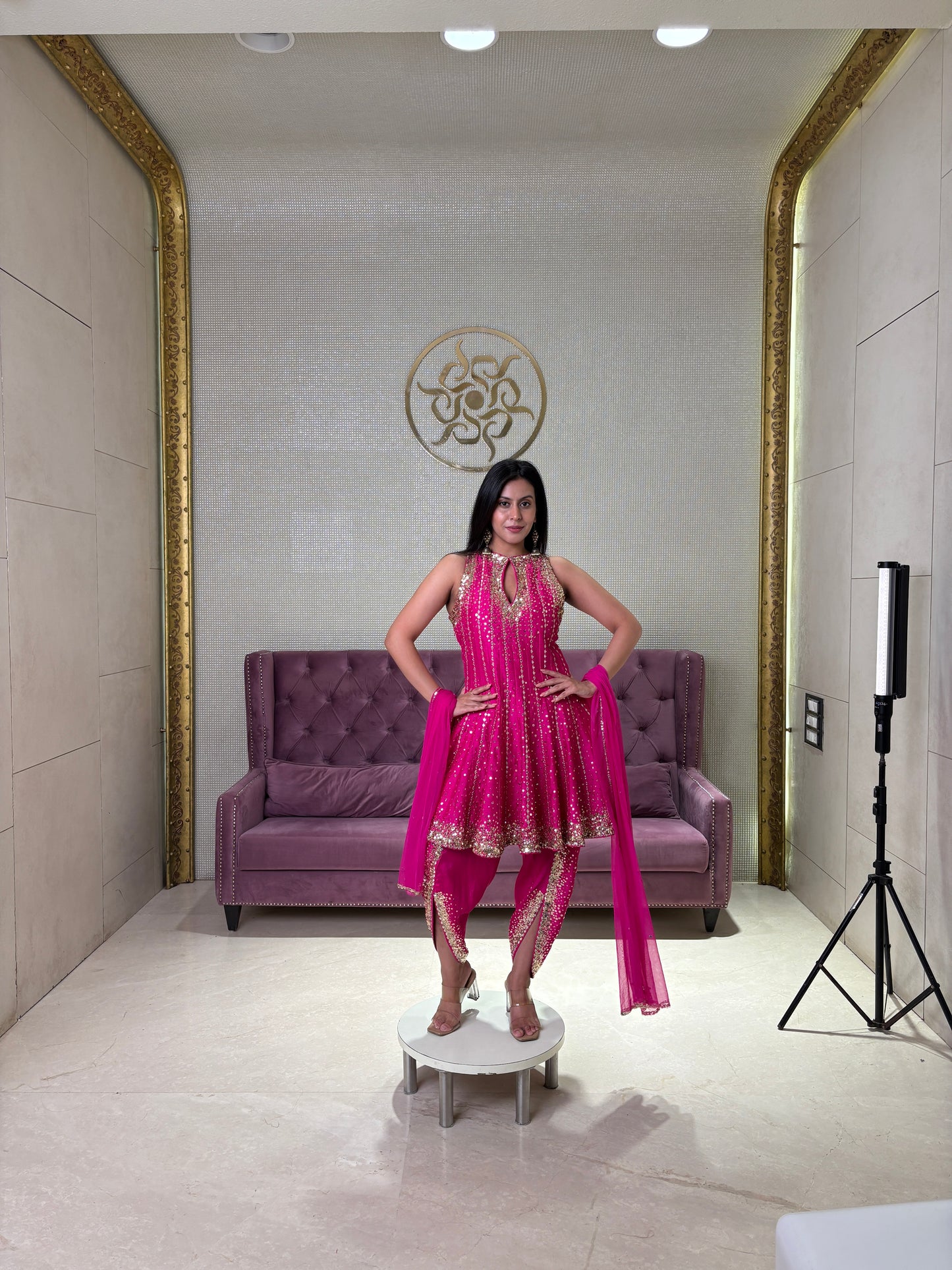 Pink Raw Silk Salwar Suit with Net Dupatta and Mirror Work