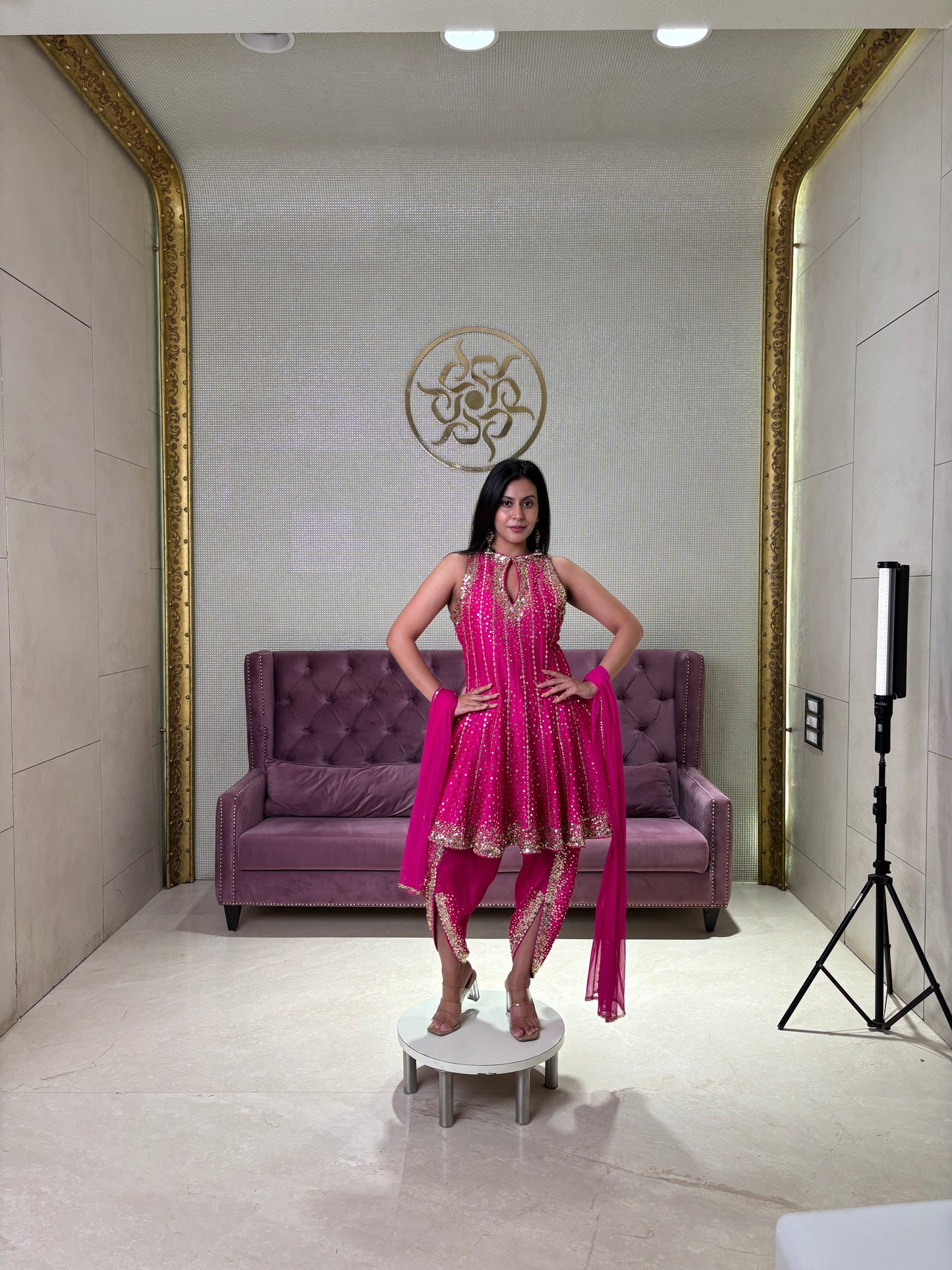 Pink Raw Silk Salwar Suit with Net Dupatta and Mirror Work
