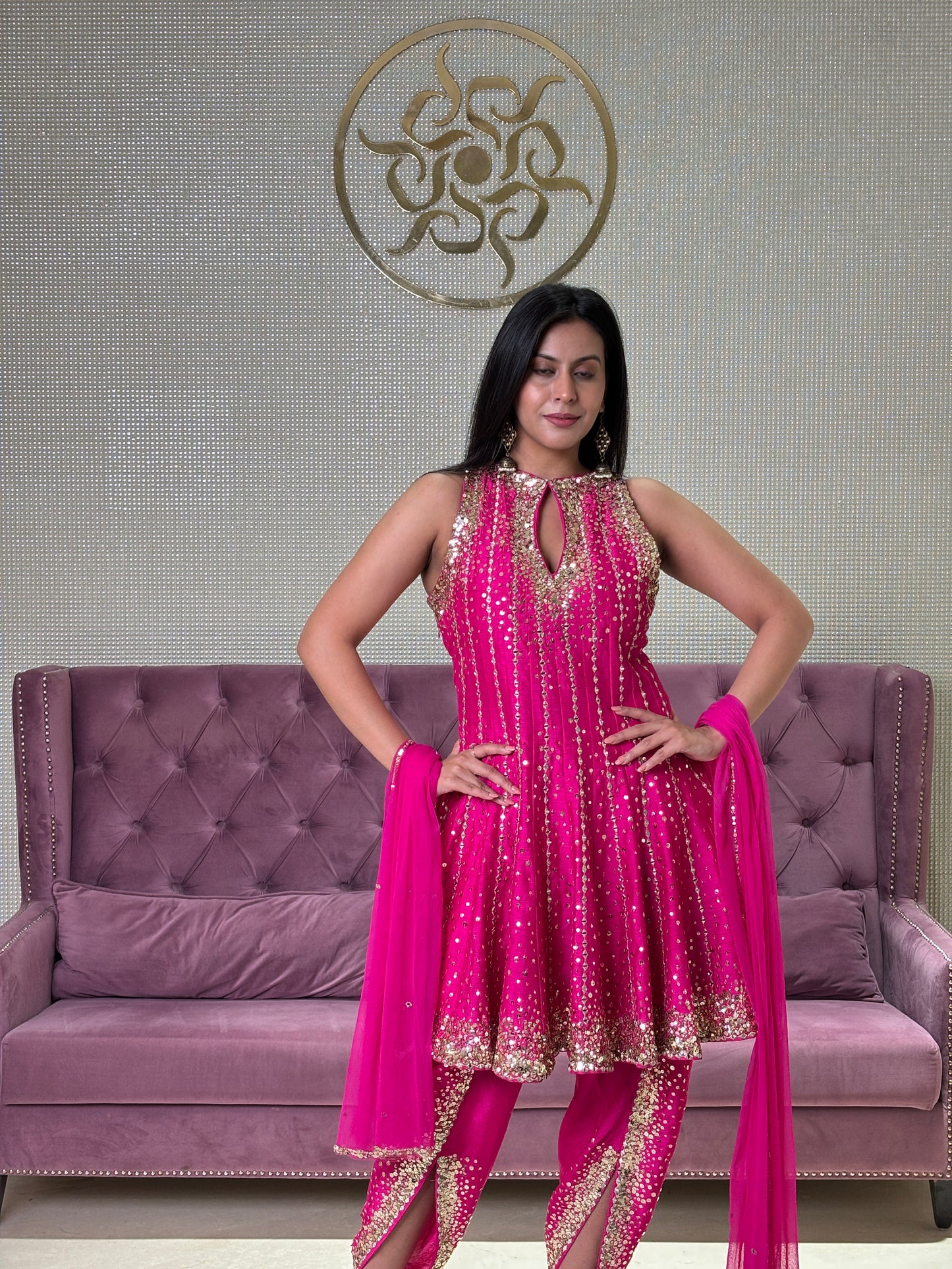 Pink Raw Silk Salwar Suit with Net Dupatta and Mirror Work
