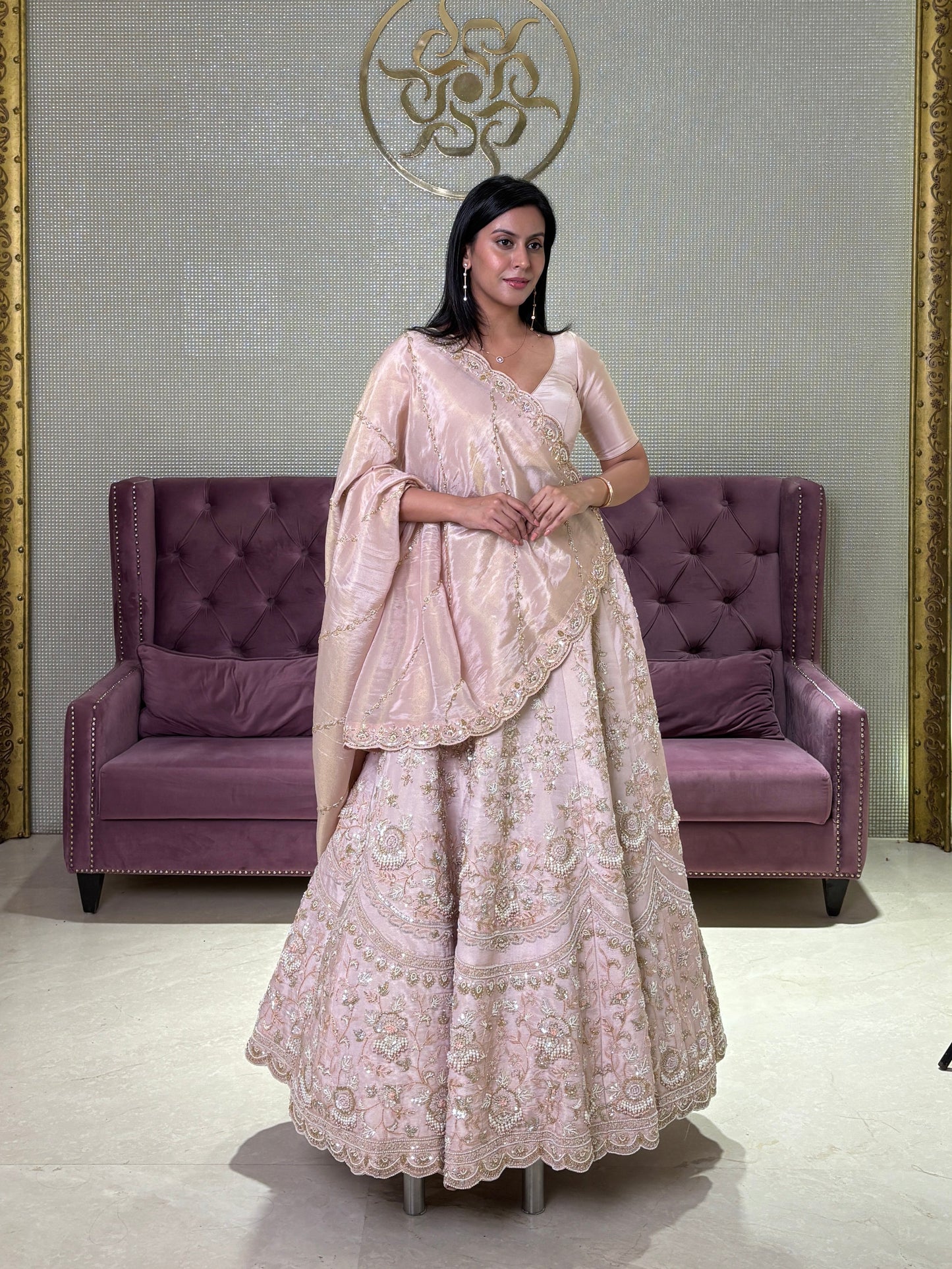 Blush Pink Tissue Lehenga Set with Zardosi, Pearl & Resham Detailing
