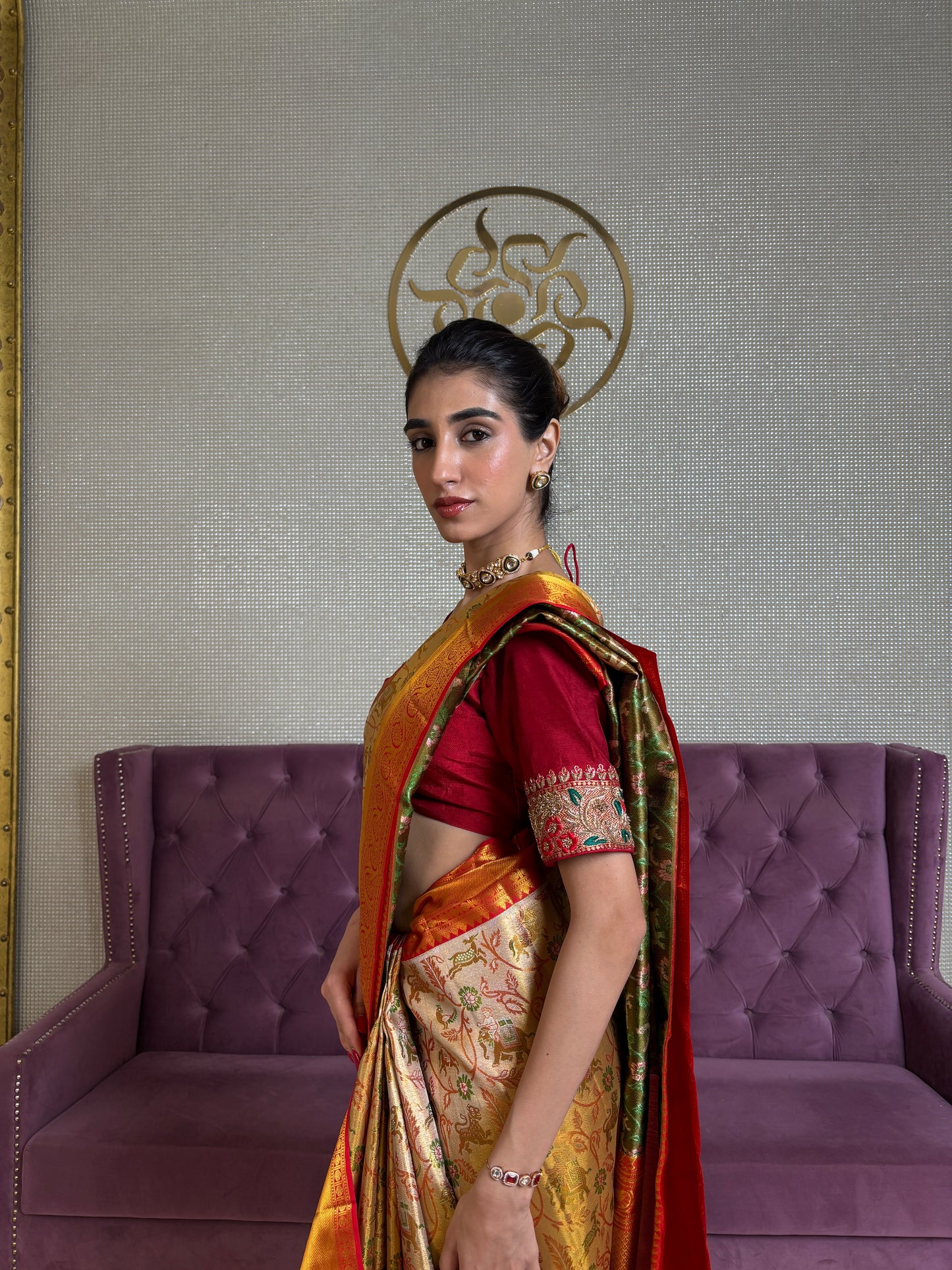 Golden Kanjivaram Silk Saree with Minakari Work