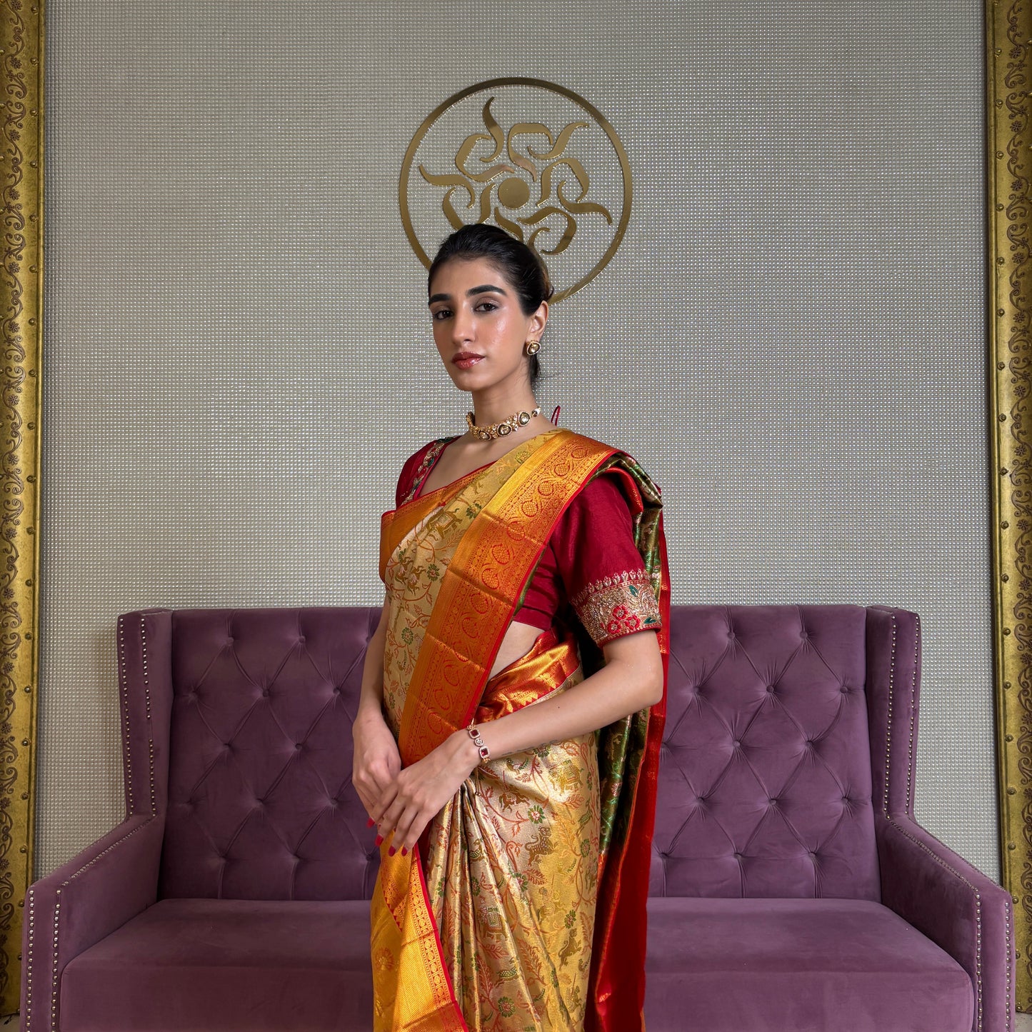 Golden Kanjivaram Silk Saree with Minakari Work
