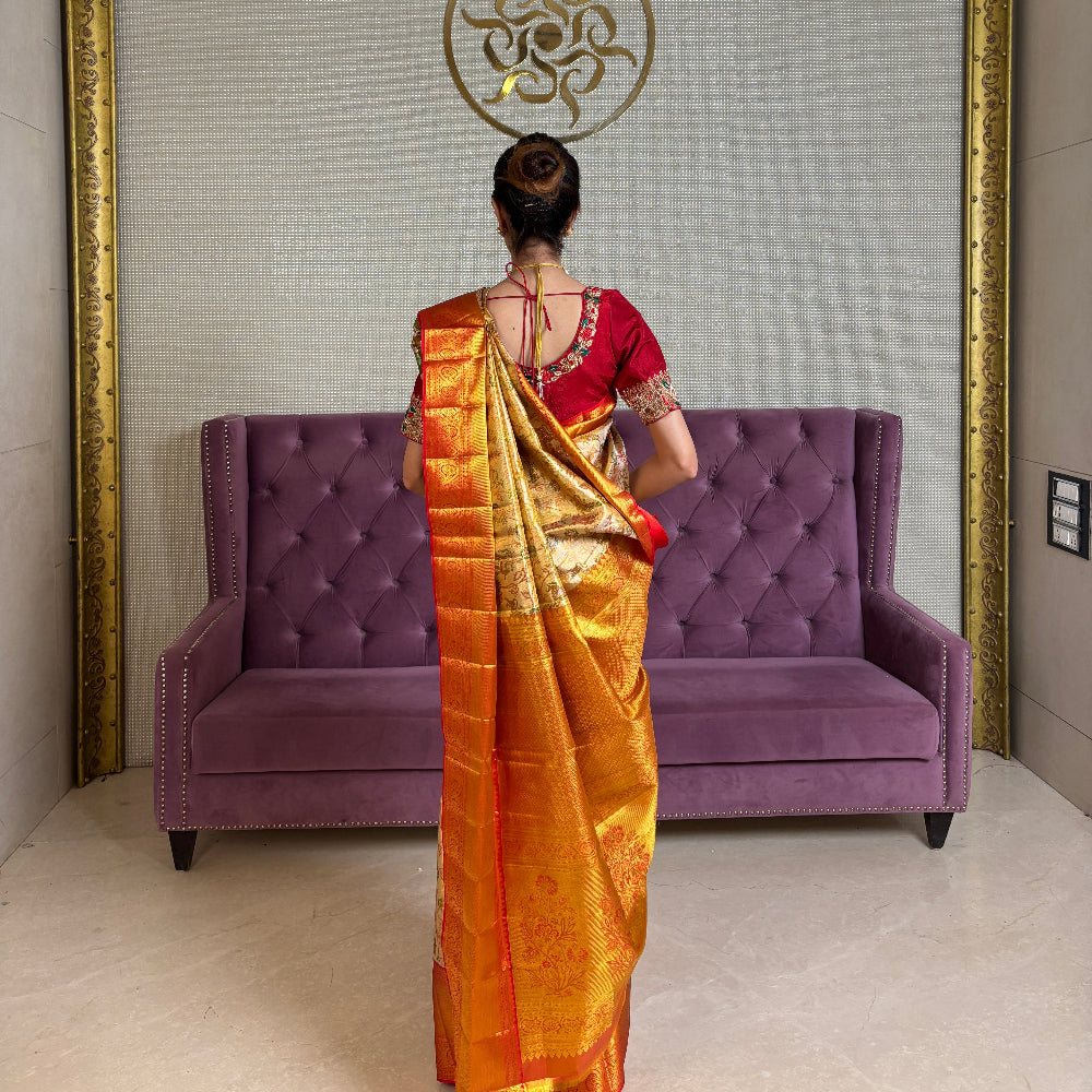 Golden Kanjivaram Silk Saree with Minakari Work