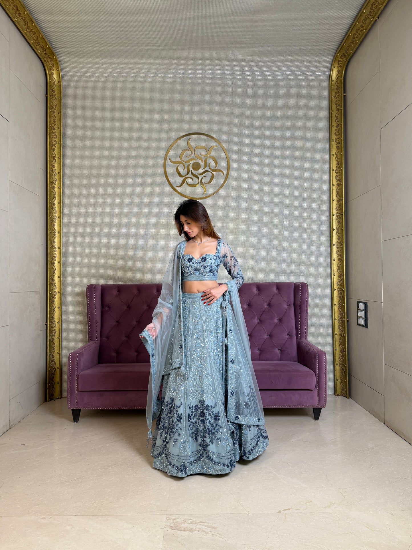 Smoky Grey Net Lehenga Set with Abla, Cutdana & Sequin Embellishments
