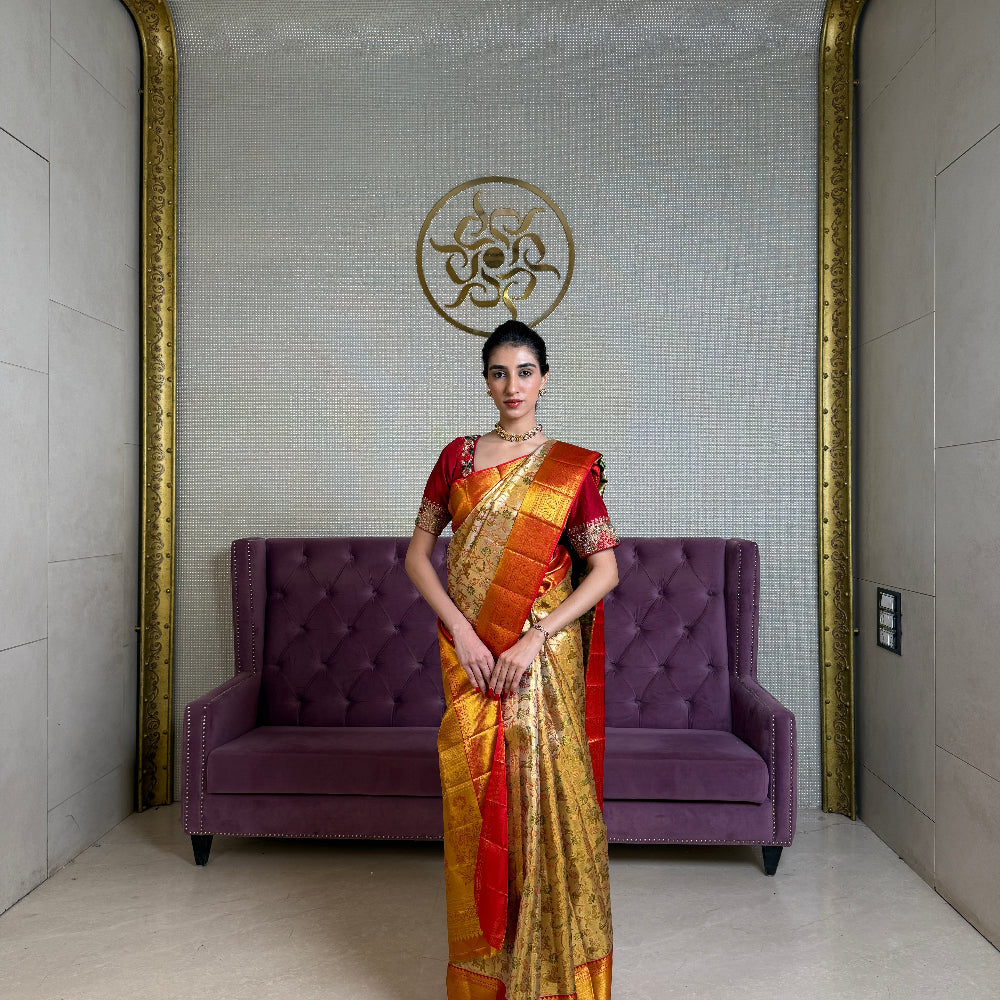 Golden Kanjivaram Silk Saree with Minakari Work
