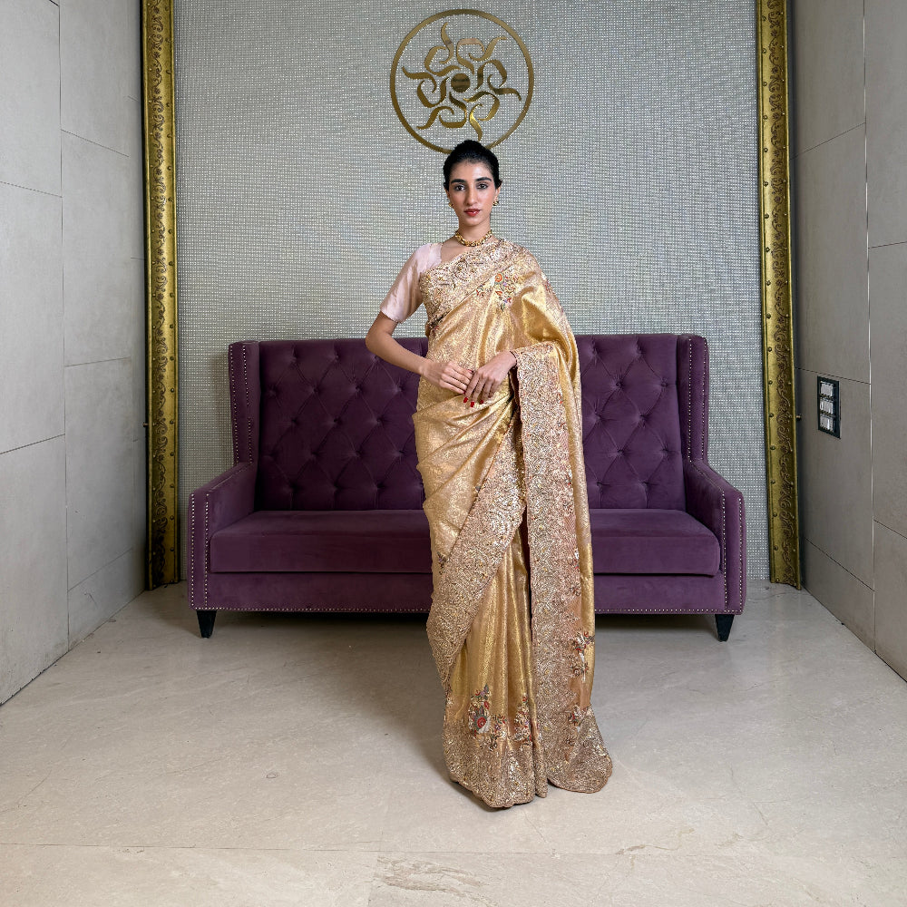 Gold Kanjivaram Silk Saree with Gota Patti and Dori Work