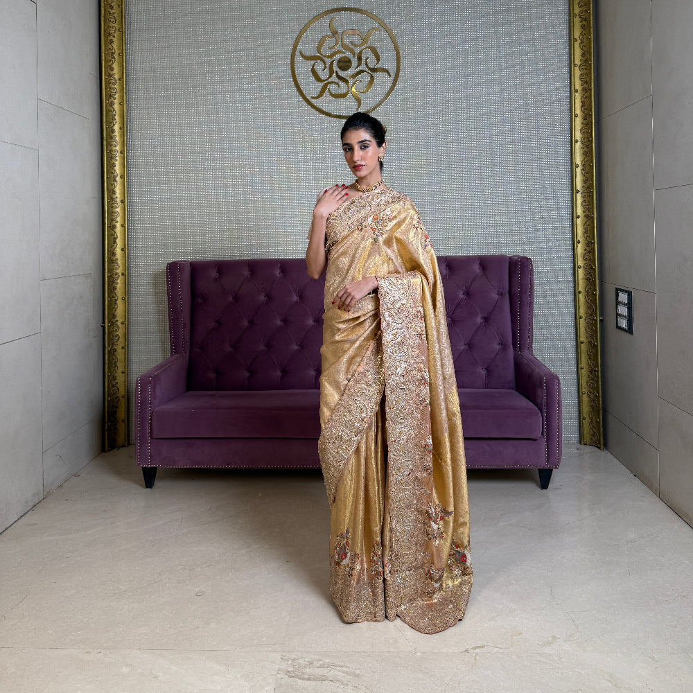Gold Kanjivaram Silk Saree with Gota Patti and Dori Work