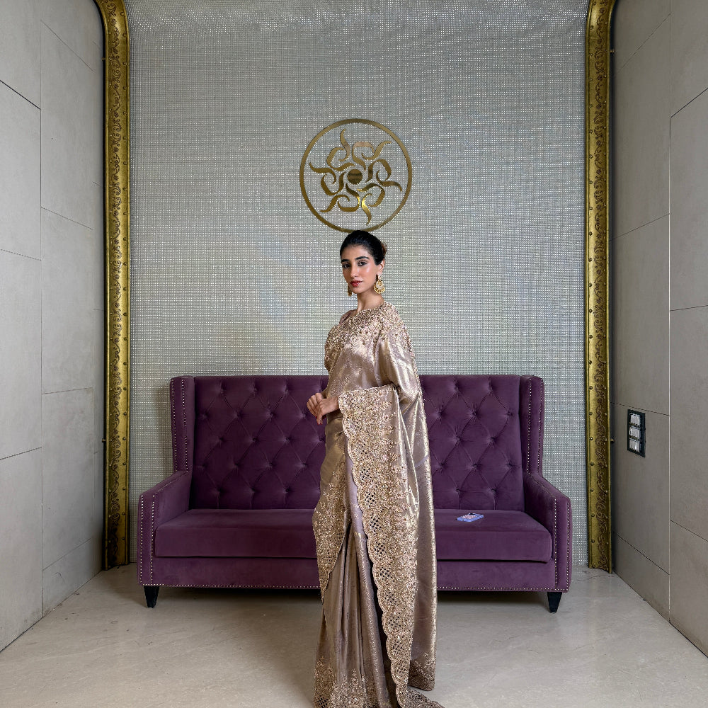 Mauve Kanjivaram Silk Saree with Dori and Hand Embellishments