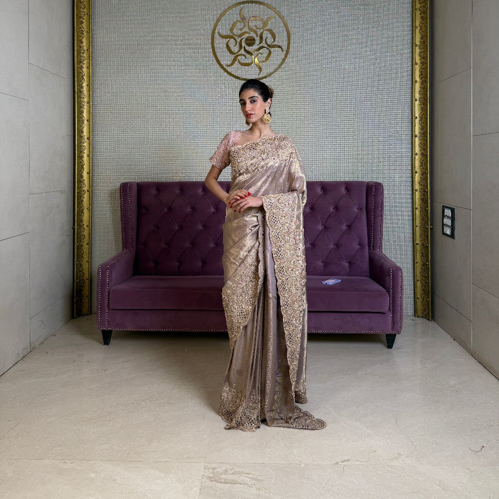 Mauve Kanjivaram Silk Saree with Dori and Hand Embellishments