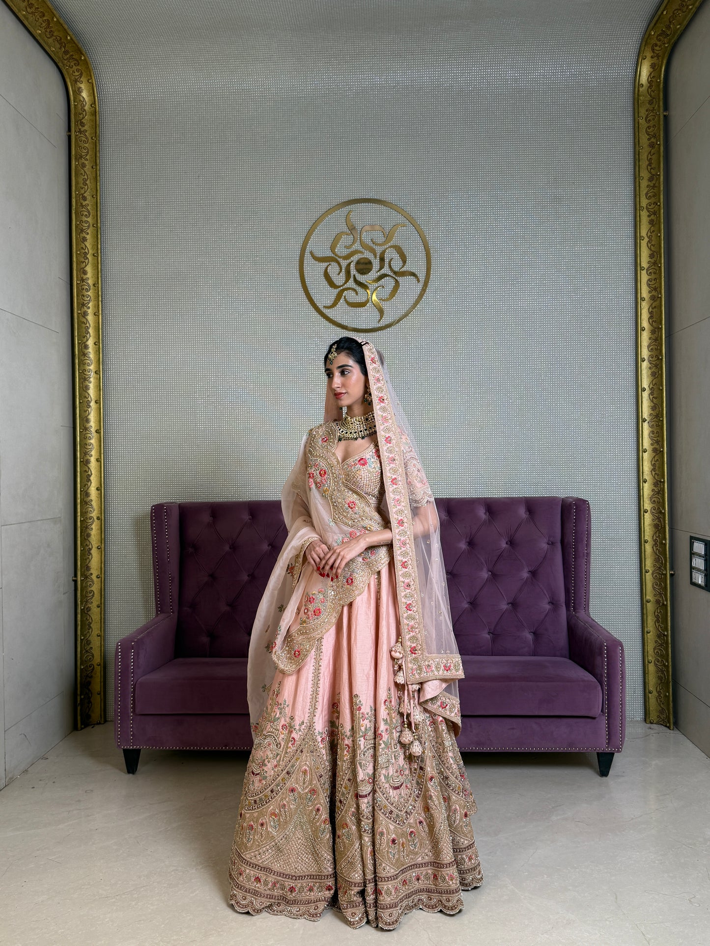 Blush Pink Raw Silk Bridal Lehenga Set with Zardosi, Resham & Pearl Work