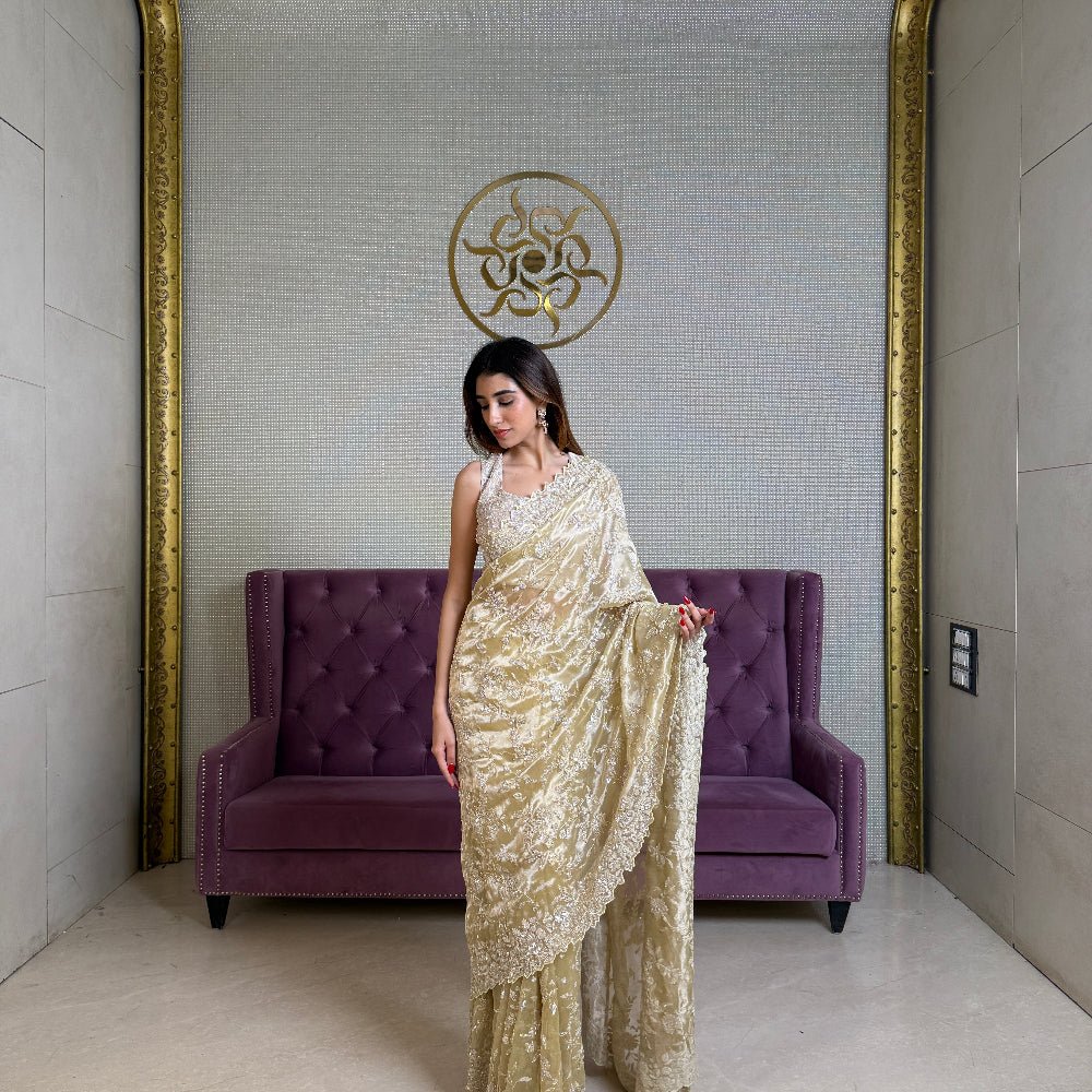 Lime Green Tissue Saree with Sequin and Bead Work