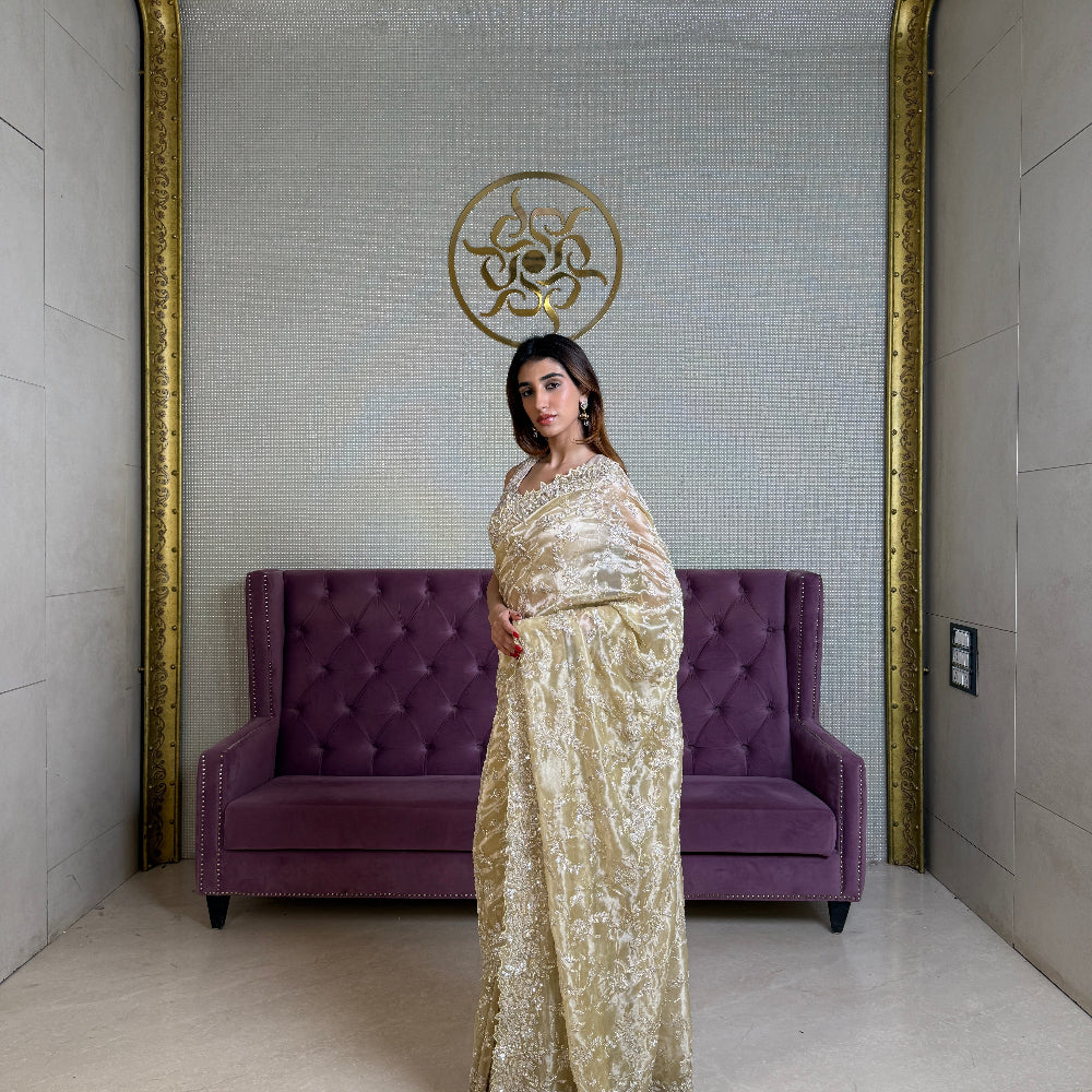 Lime Green Tissue Saree with Sequin and Bead Work
