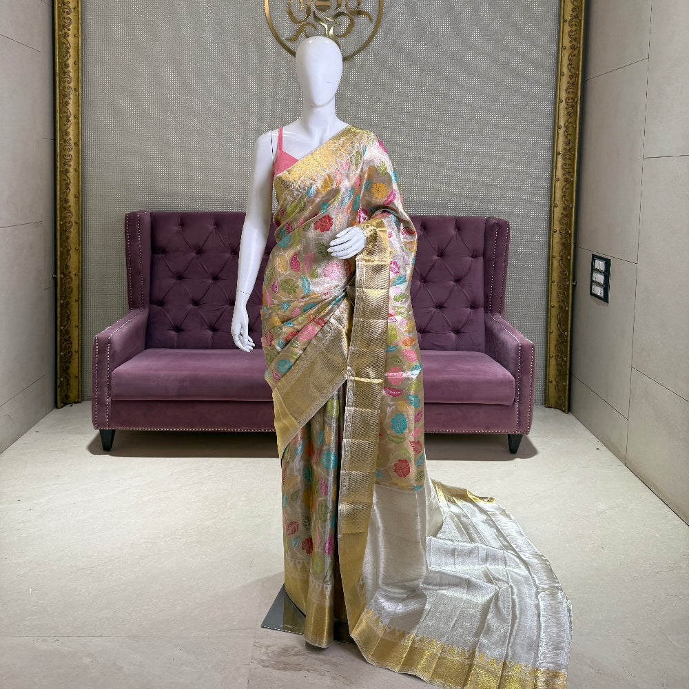 White Kanjivaram Silk Saree with Minakari Work