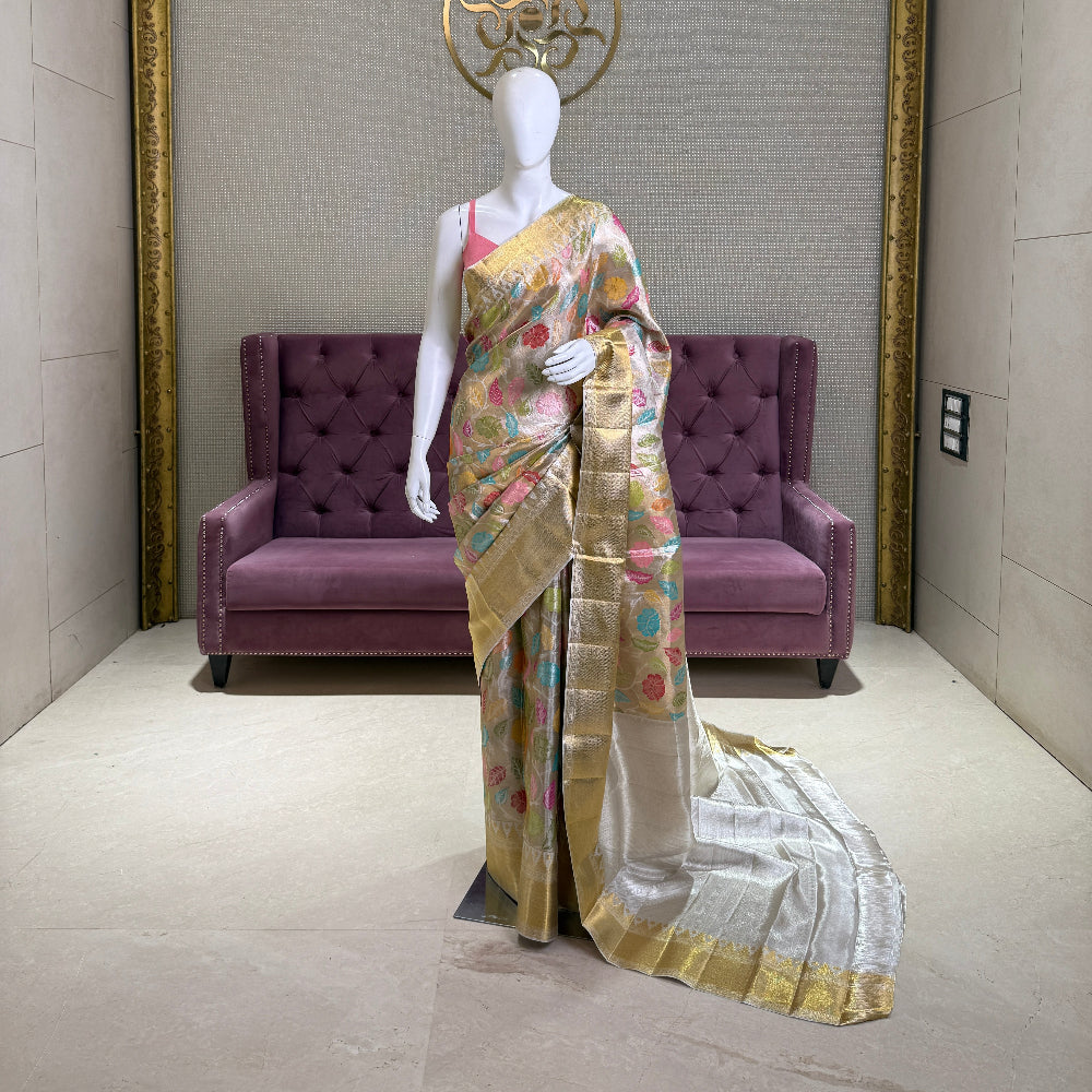 White Kanjivaram Silk Saree with Minakari Work