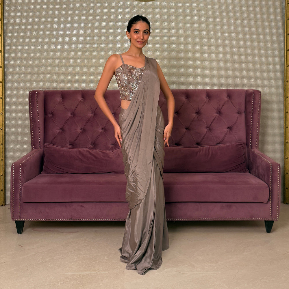 Gold Crepe Saree with Stitched Net Blouse
