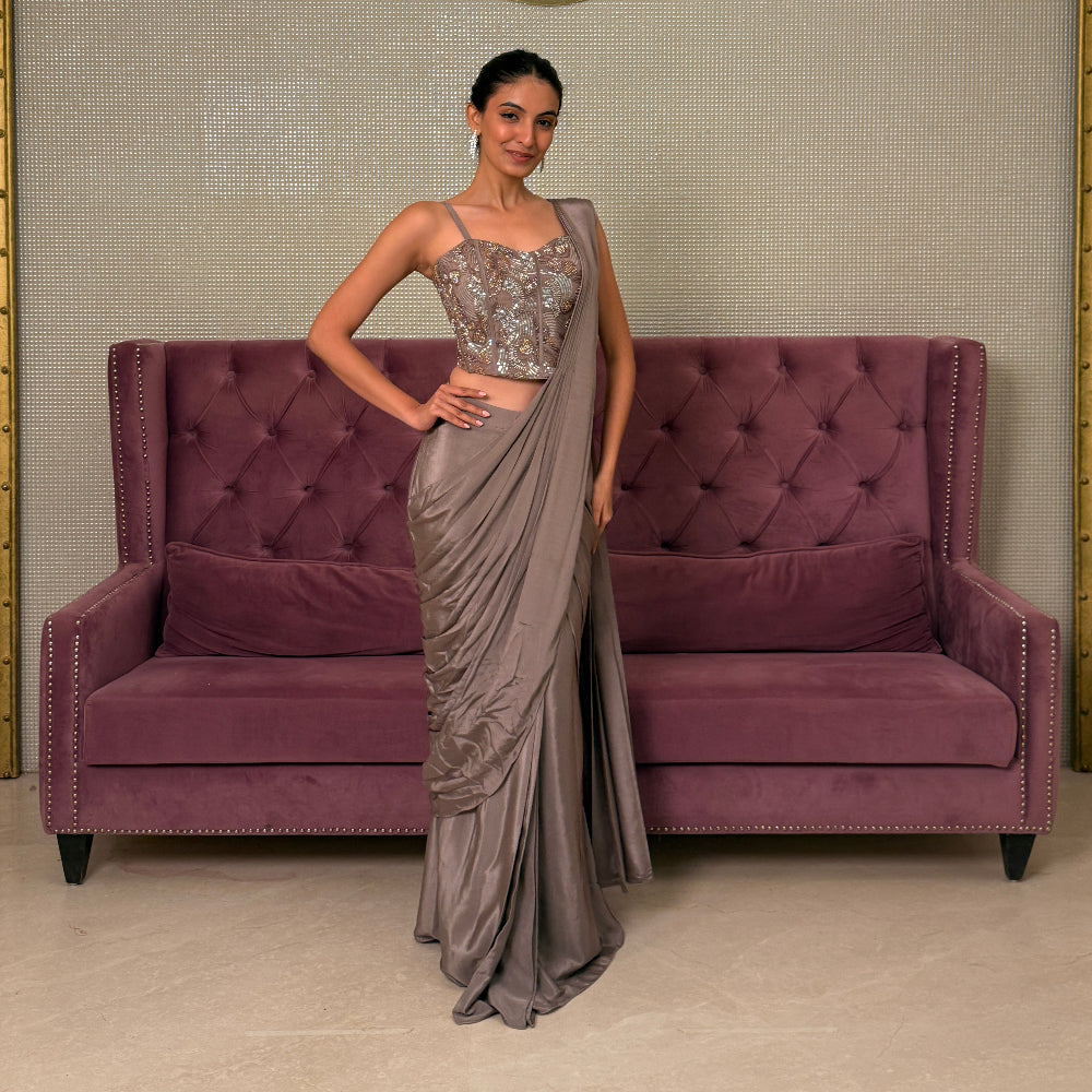 Gold Crepe Saree with Stitched Net Blouse