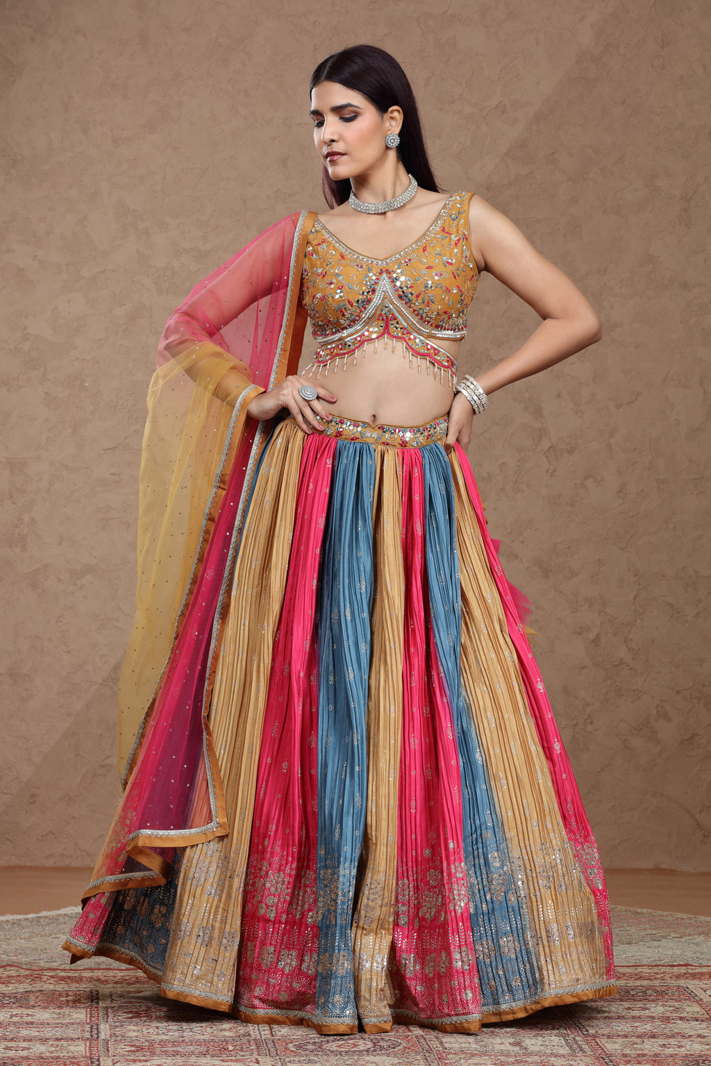 Multicolor Banarasi Silk Lehenga Set with Pink Net Dupatta & Embellished Satin Silk Blouse