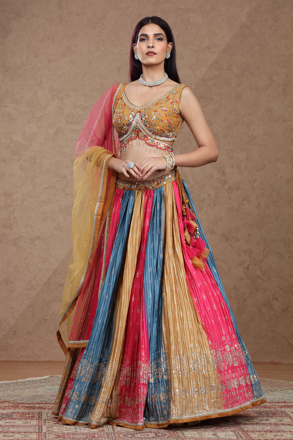 Multicolor Banarasi Silk Lehenga Set with Pink Net Dupatta & Embellished Satin Silk Blouse