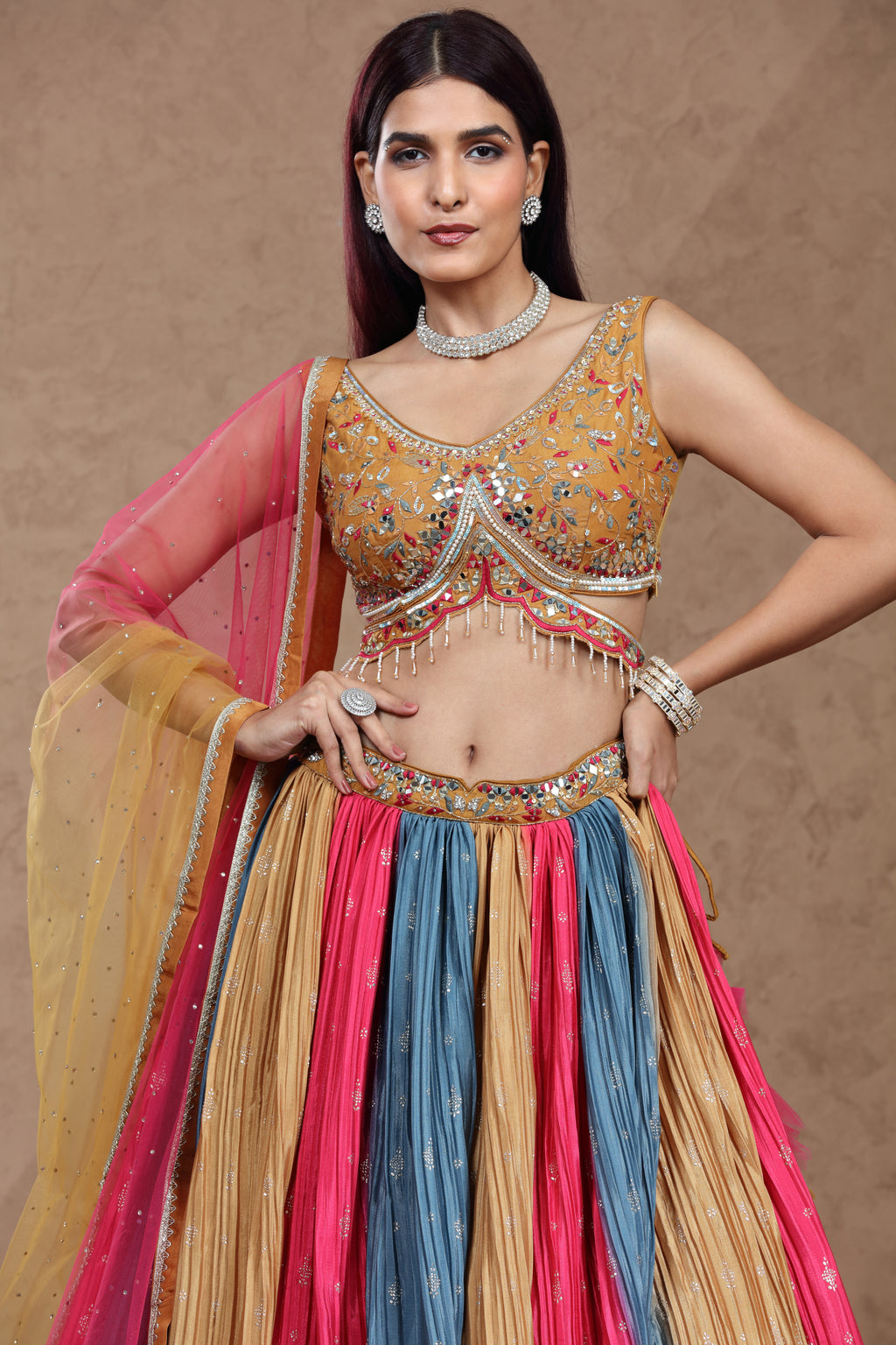 Multicolor Banarasi Silk Lehenga Set with Pink Net Dupatta & Embellished Satin Silk Blouse