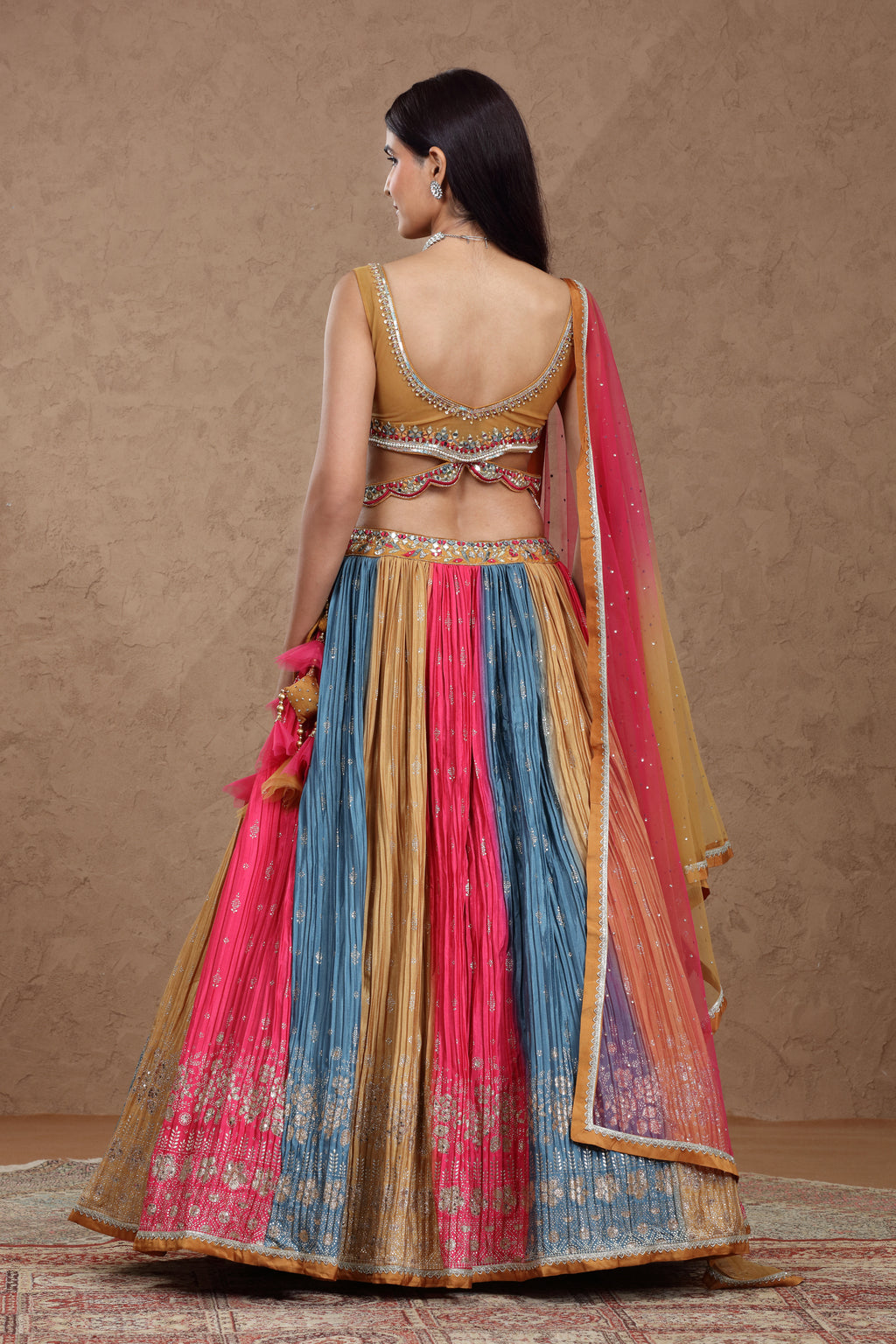 Multicolor Banarasi Silk Lehenga Set with Pink Net Dupatta & Embellished Satin Silk Blouse