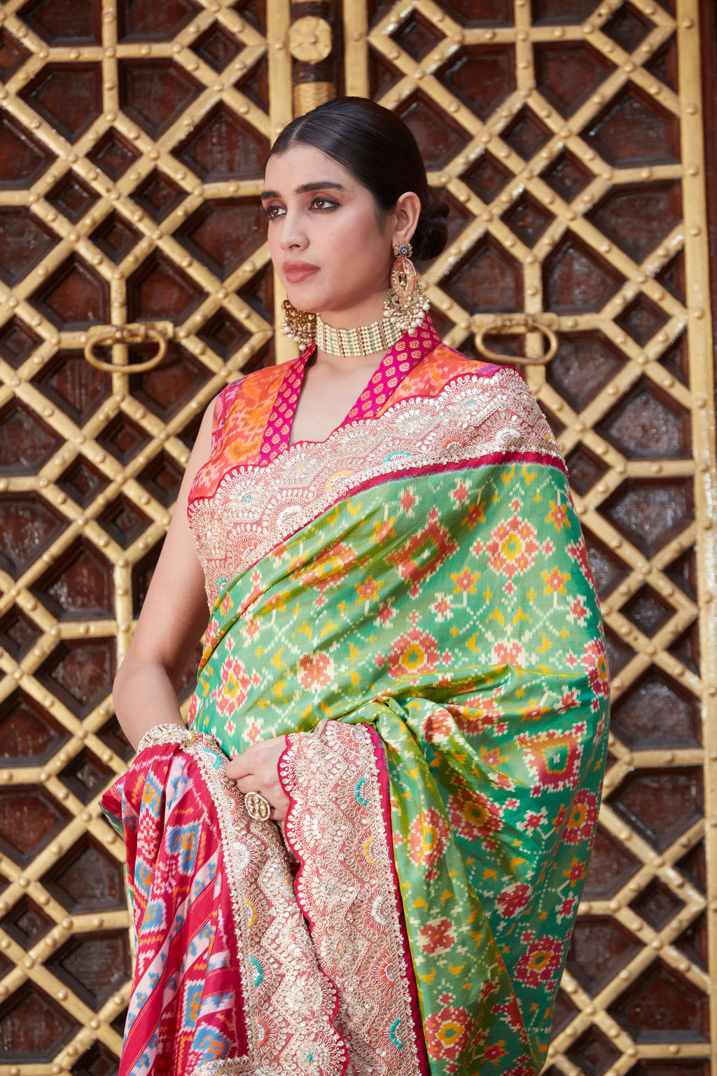 Parrot Green Patola Silk Saree with Gota Patti, Sequins, and Cutdana Work