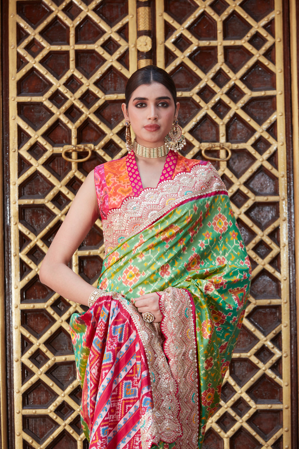 Parrot Green Patola Silk Saree with Gota Patti, Sequins, and Cutdana Work