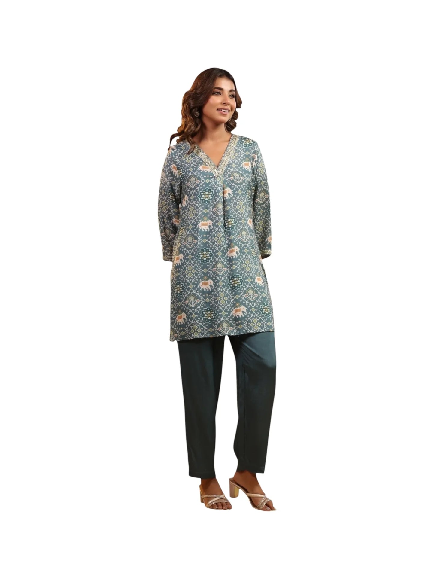 Grey Crepe & Satin Silk Kurta Set