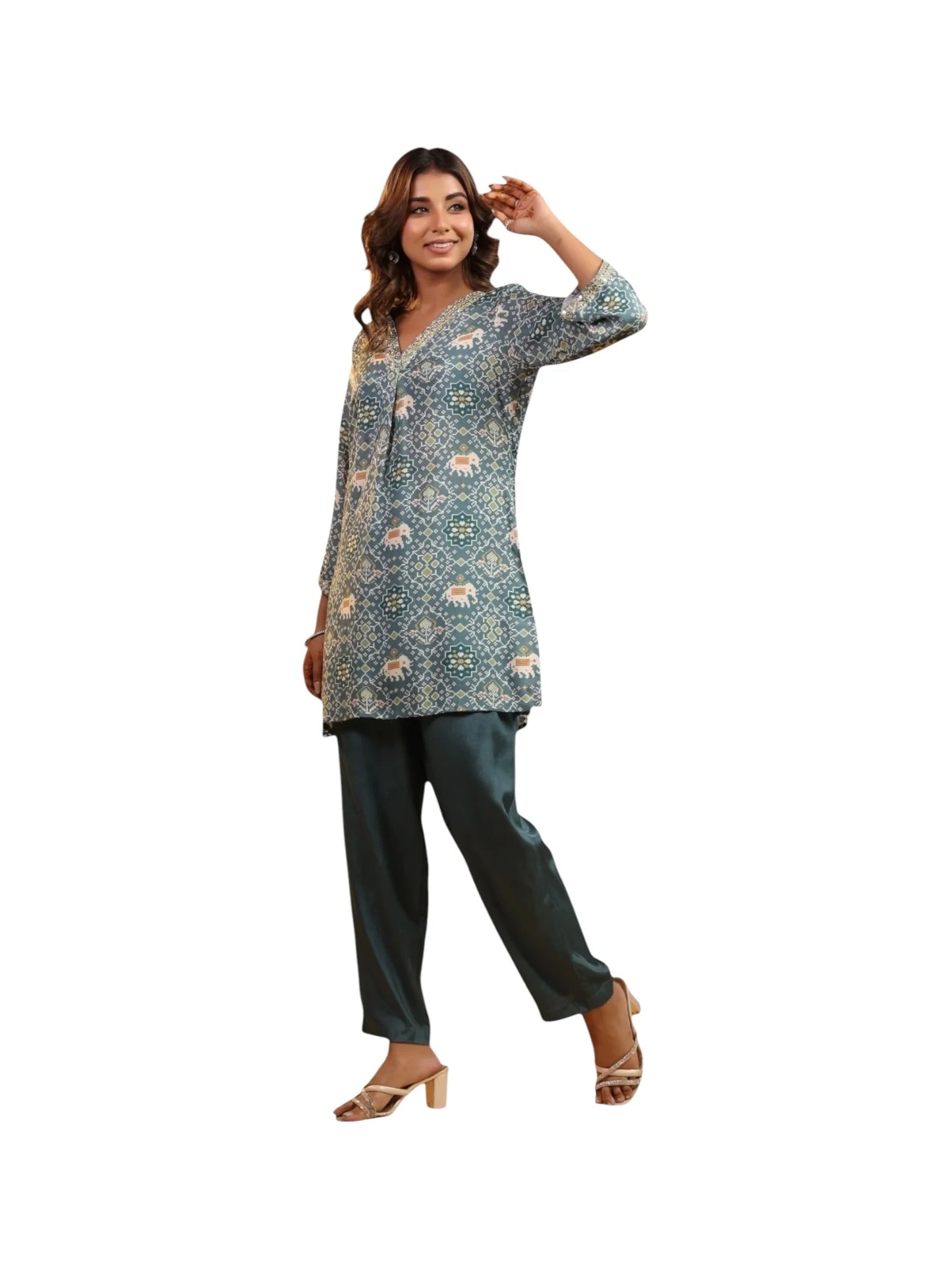Grey Crepe & Satin Silk Kurta Set