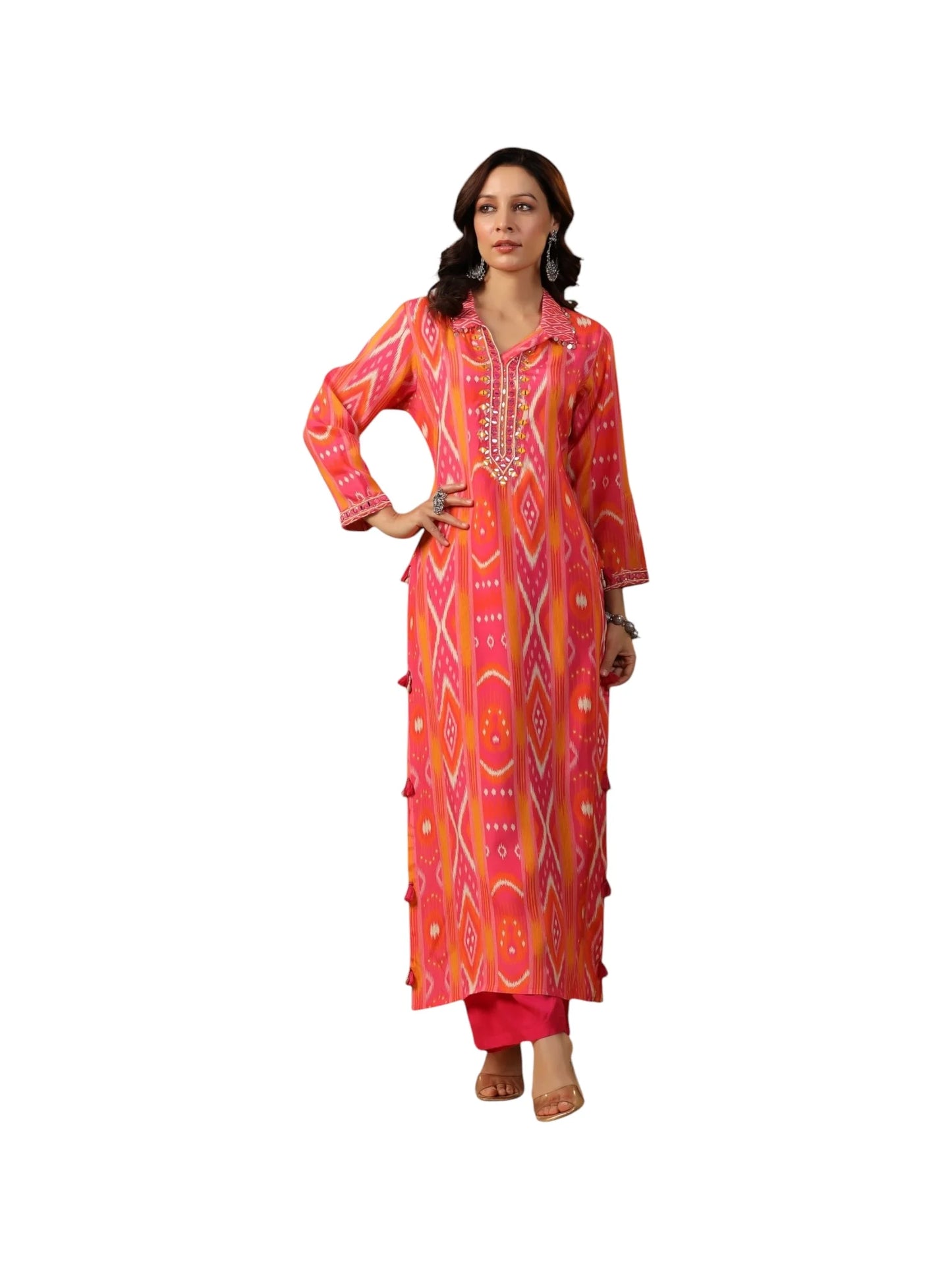 Multi-Colored Muslin Kurta with Pink Bottom and Exquisite Embellishments