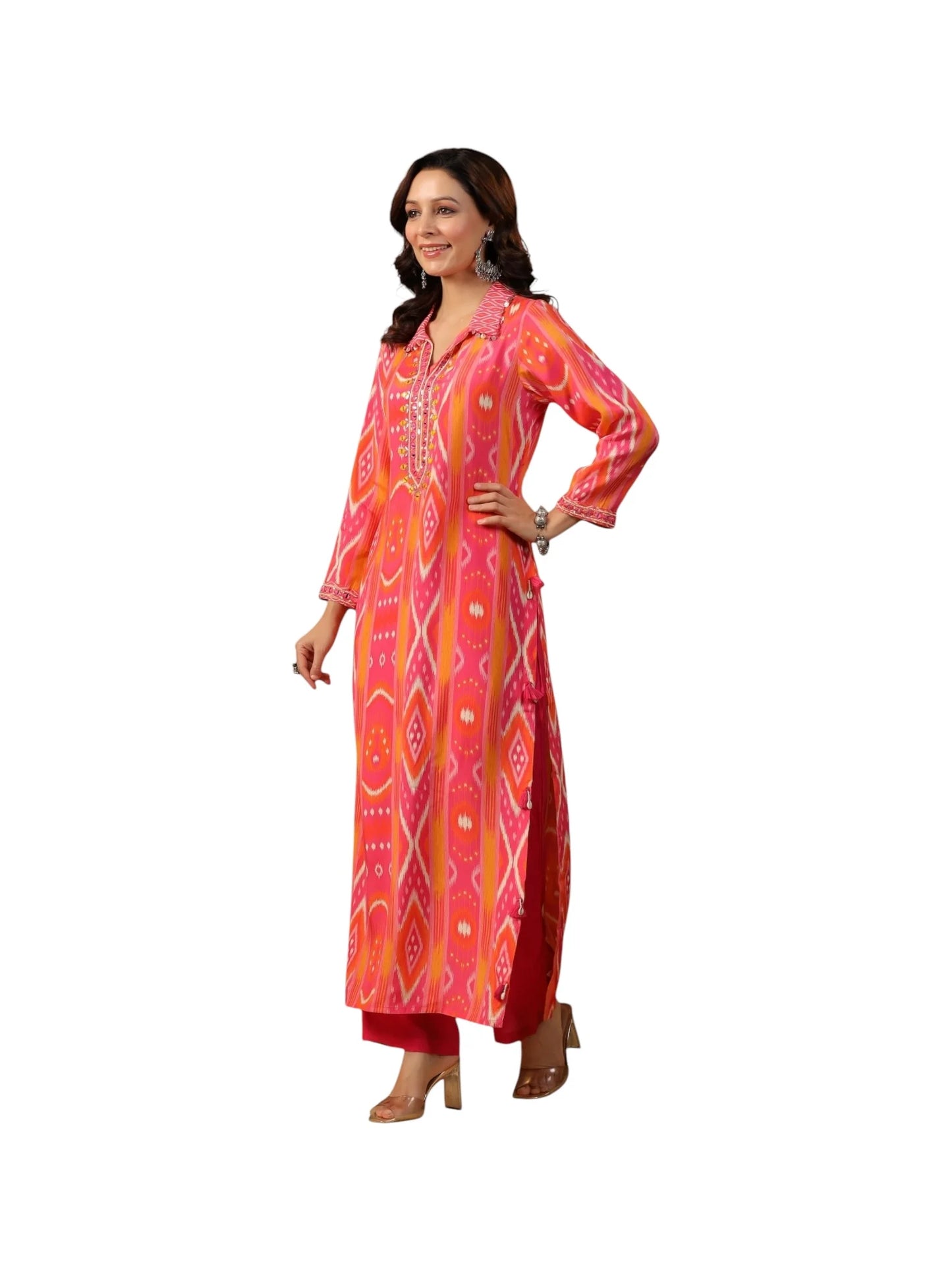 Multi-Colored Muslin Kurta with Pink Bottom and Exquisite Embellishments
