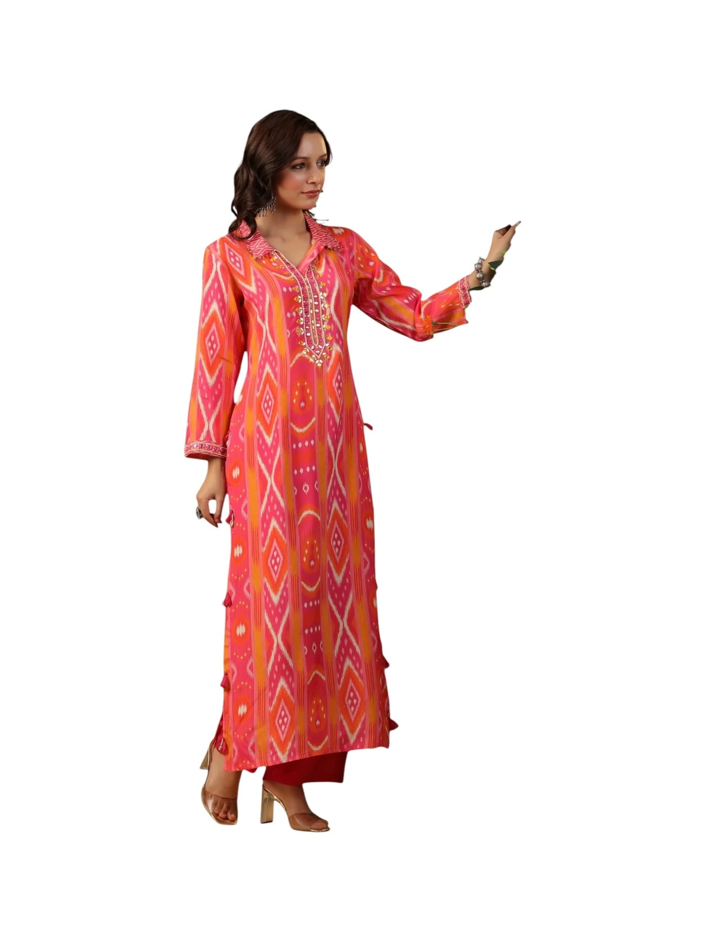 Multi-Colored Muslin Kurta with Pink Bottom and Exquisite Embellishments
