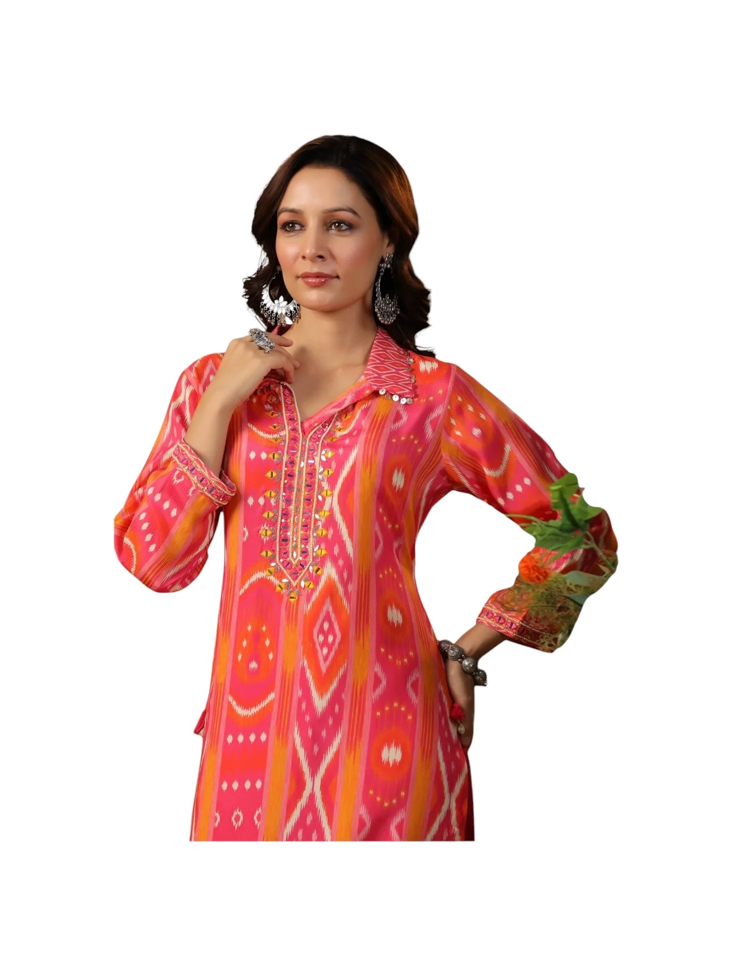 Multi-Colored Muslin Kurta with Pink Bottom and Exquisite Embellishments