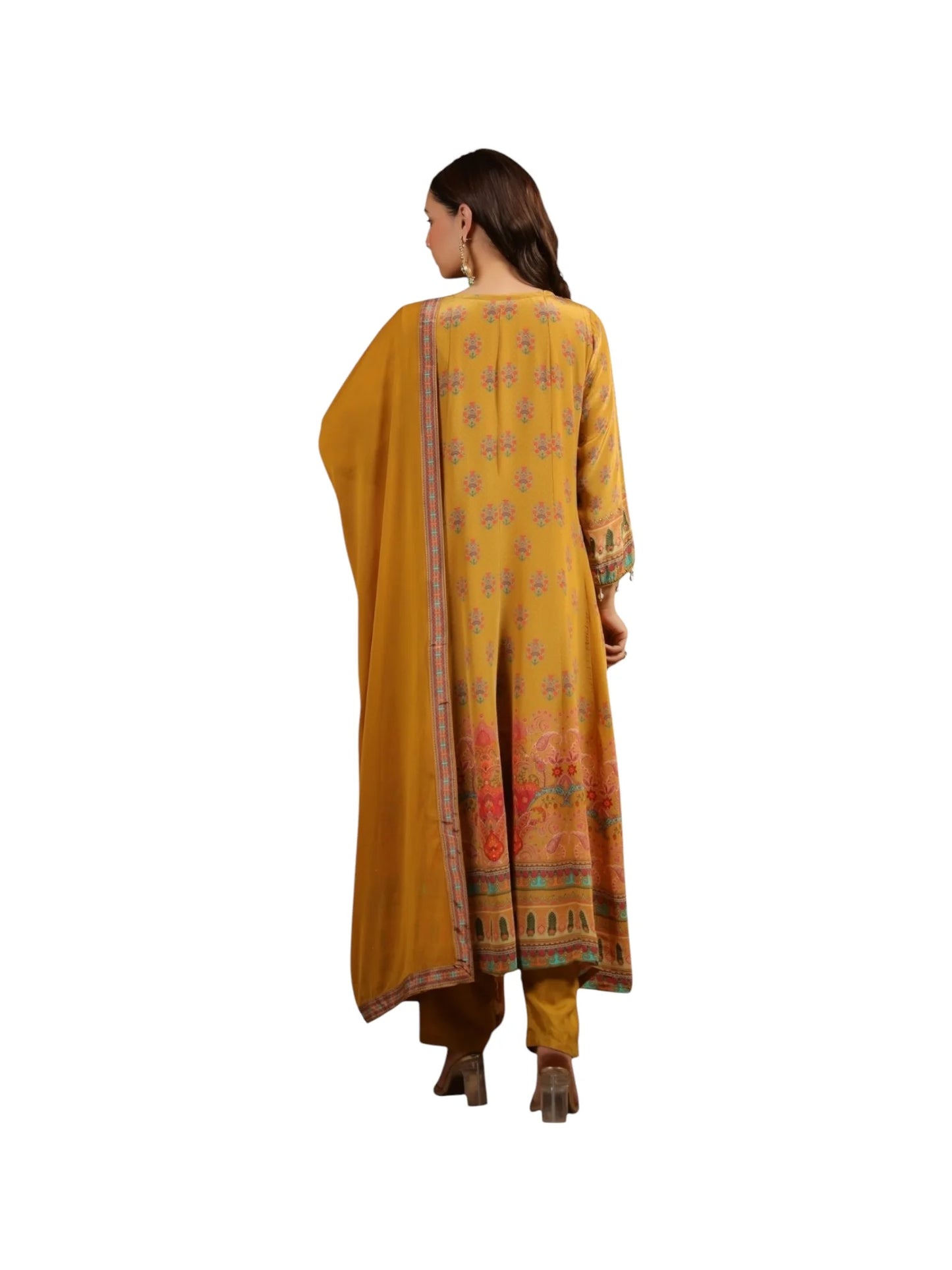 Yellow Crepe Kurta Set with Chinnon Dupatta