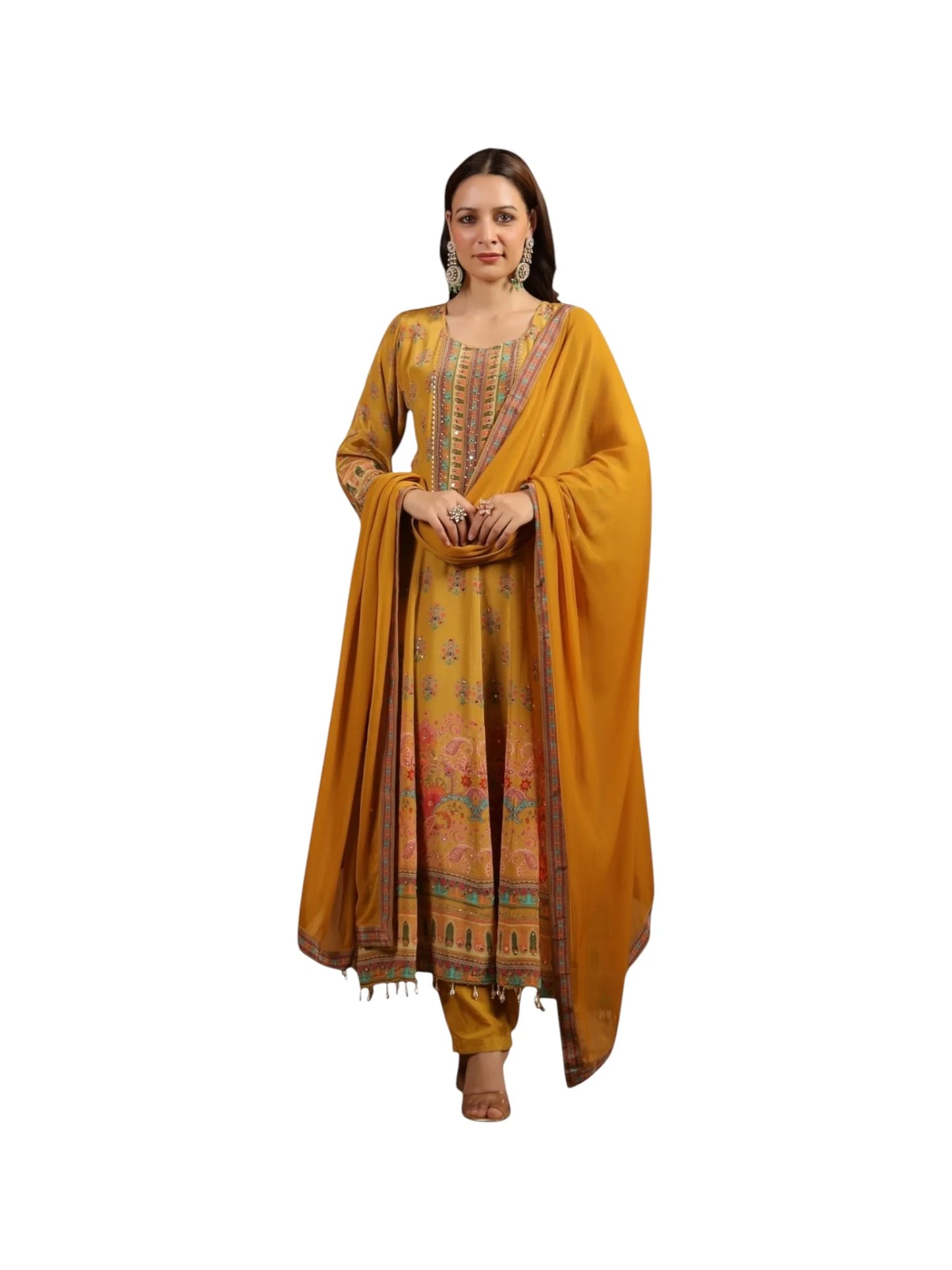 Yellow Crepe Kurta Set with Chinnon Dupatta